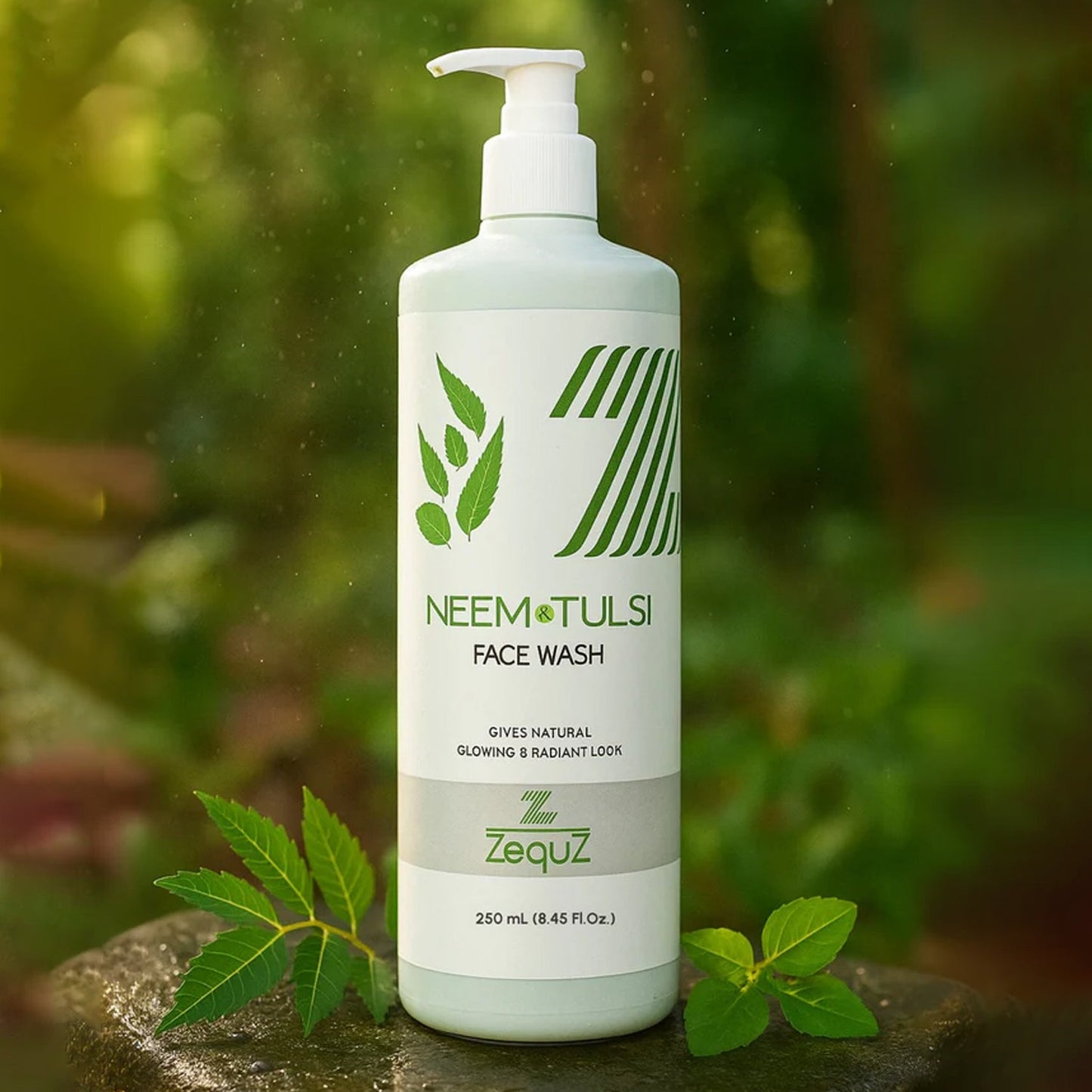 Neem & Tulsi Face Wash bottle with fresh neem and tulsi background