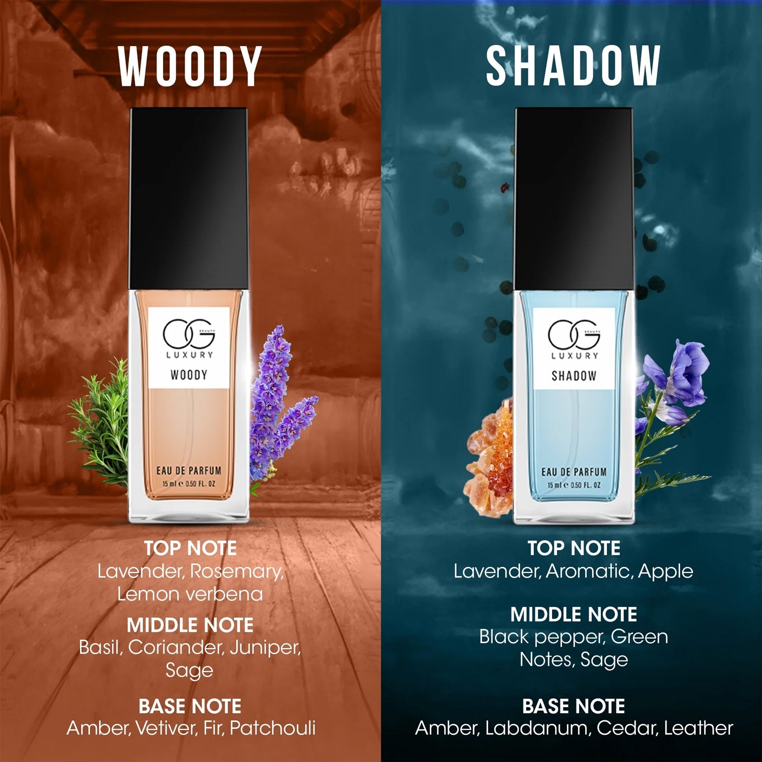 Close up of sleek Eau De Parfum bottles from the luxury perfume gift set with Woody and Smokey scents