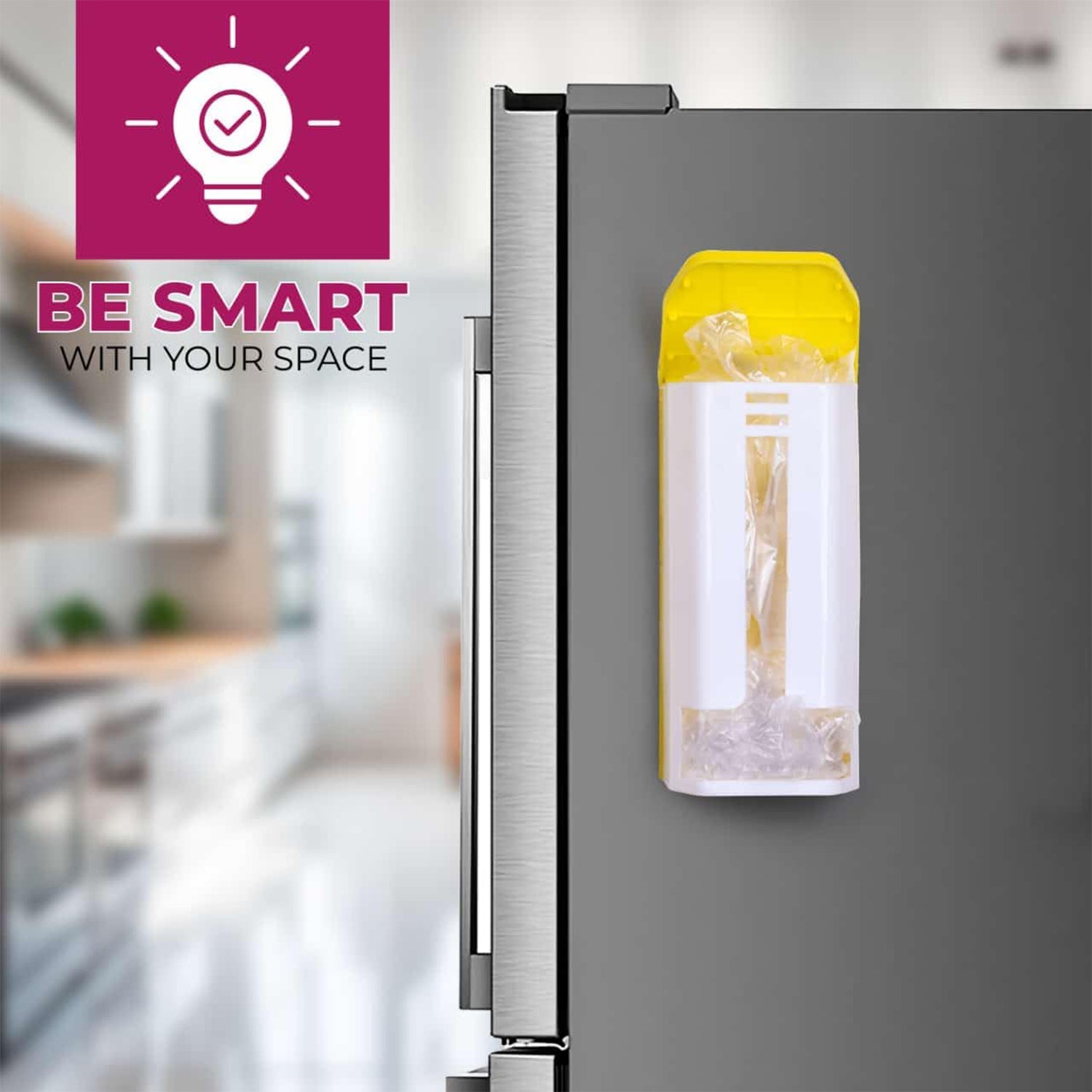 Plastic bag keeper showing the convenient front-loading slot for refilling.