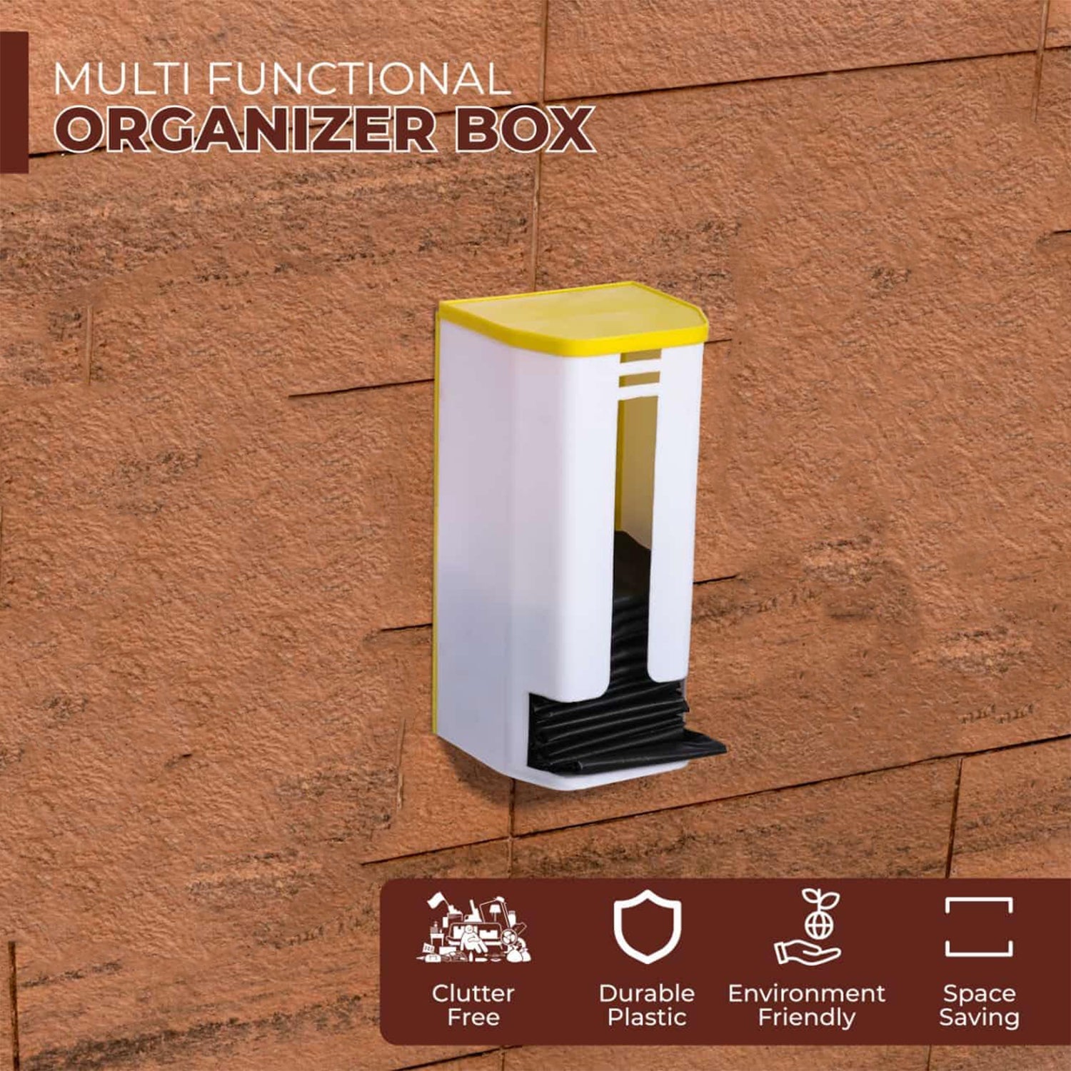 Wall-mounted bag organizer box in use, showing accessibility of stored bags.