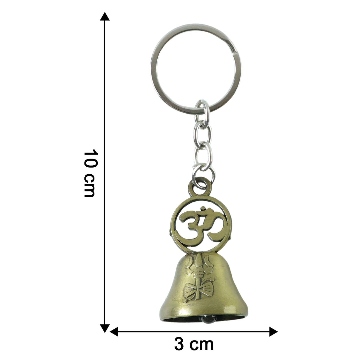 Dimensions and size of Om temple bell metal keychain shown