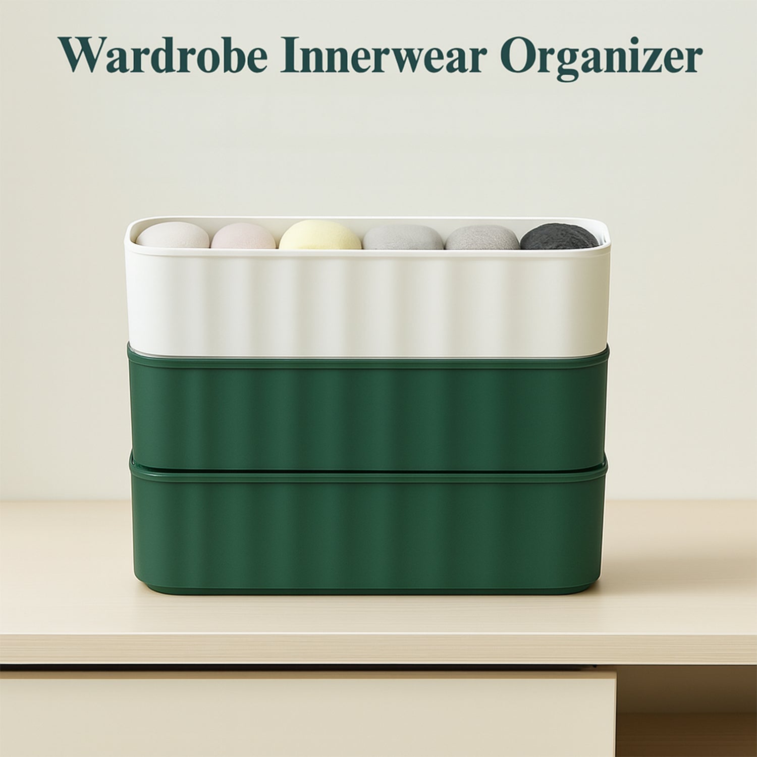 Angled view of four stackable 5-compartment drawer organizers, ideal for closets.