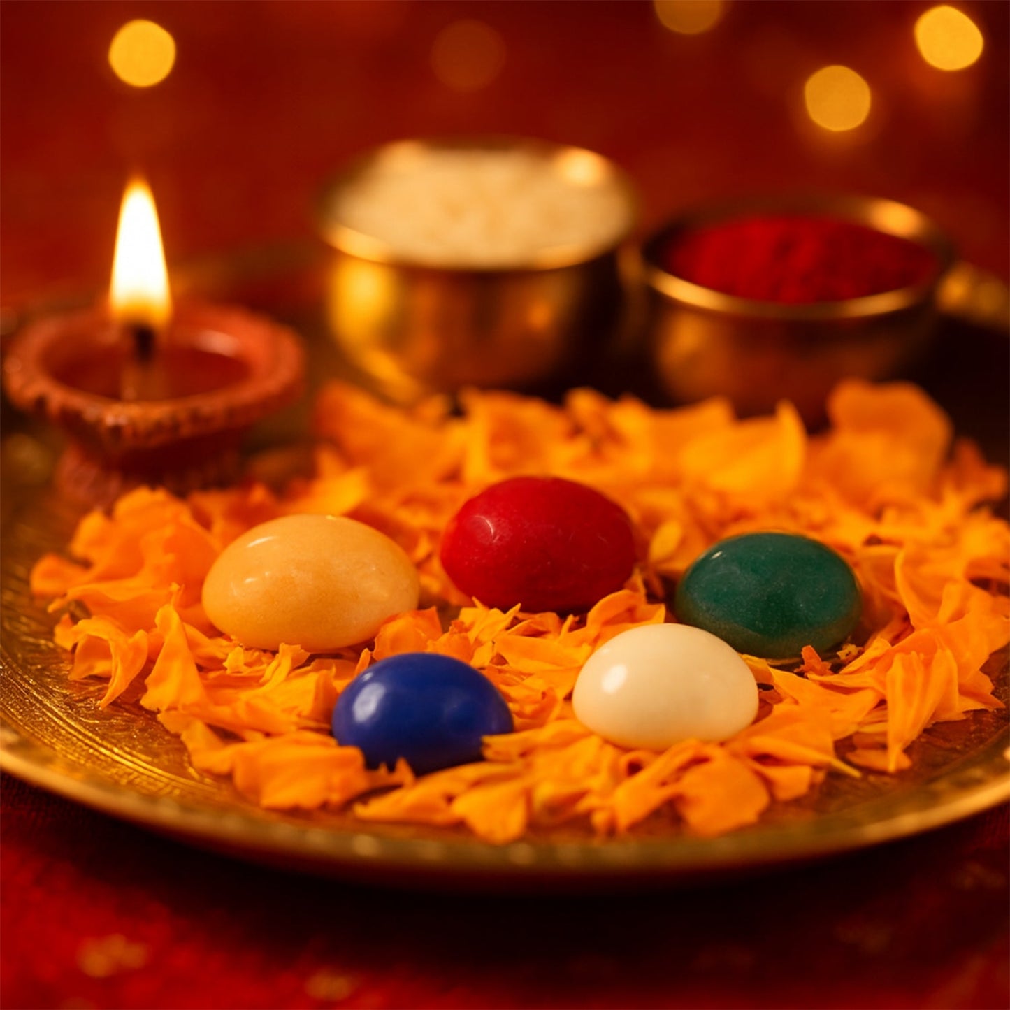 Close-up of glossy, dome-shaped Panch Ratna gemstones, perfect for altars.