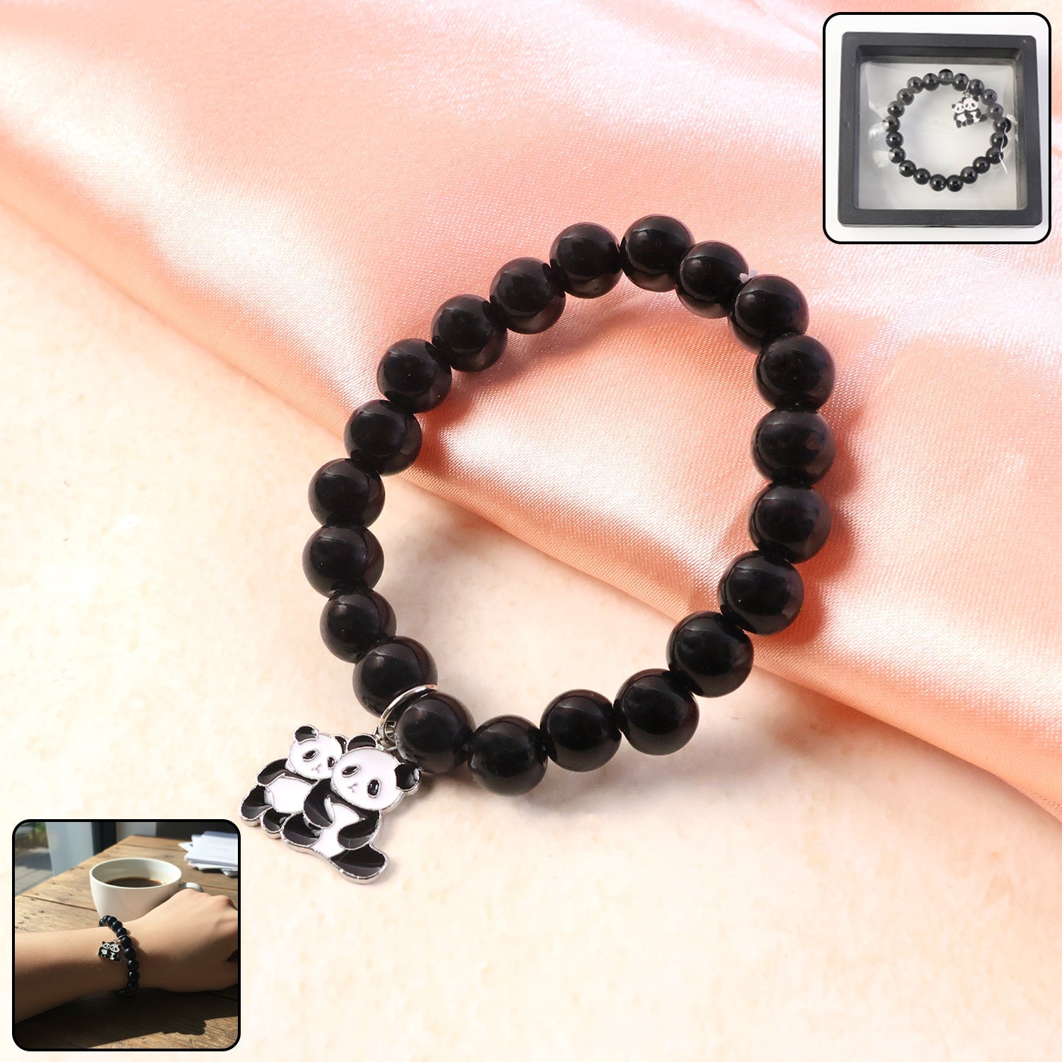 Close-up view of black beaded bracelet showcasing detailed panda charm.