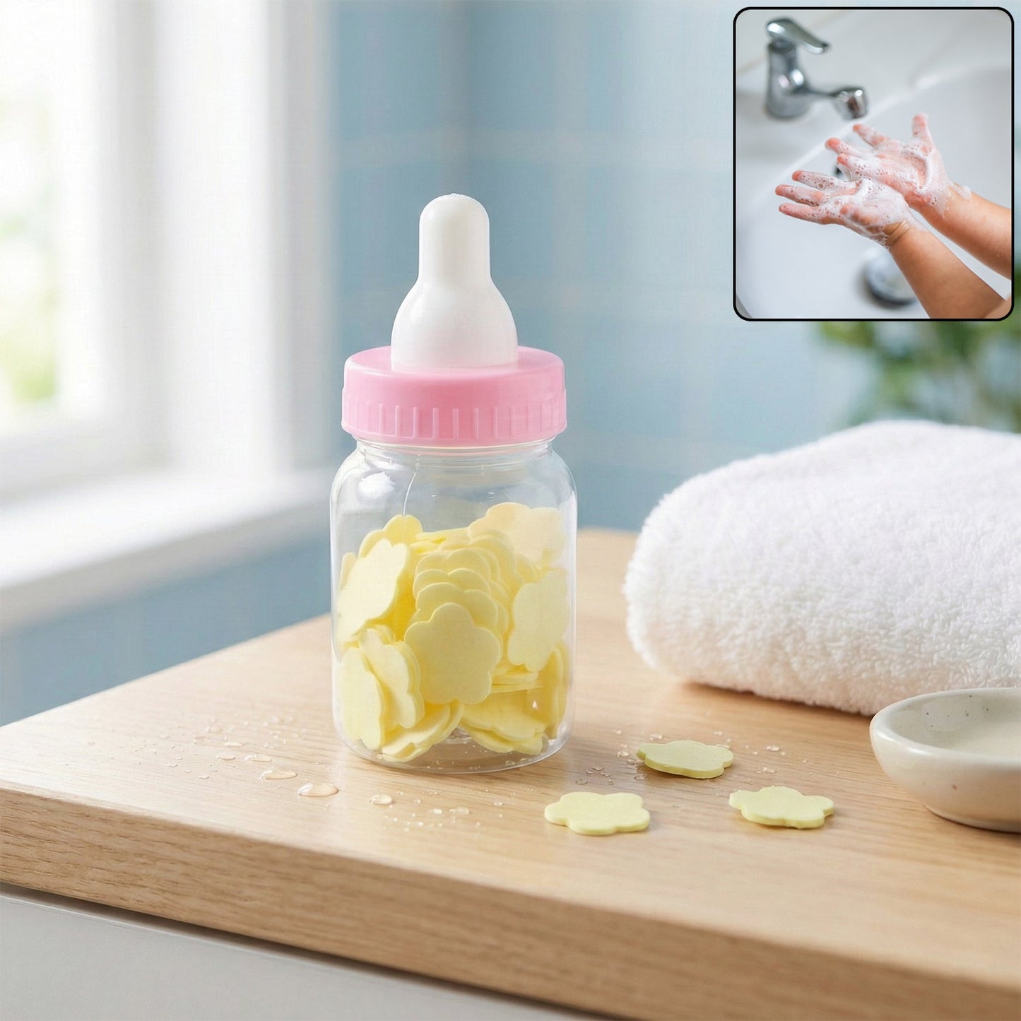 Portable baby bottle soap paper sheets set in a compact container for hand hygiene