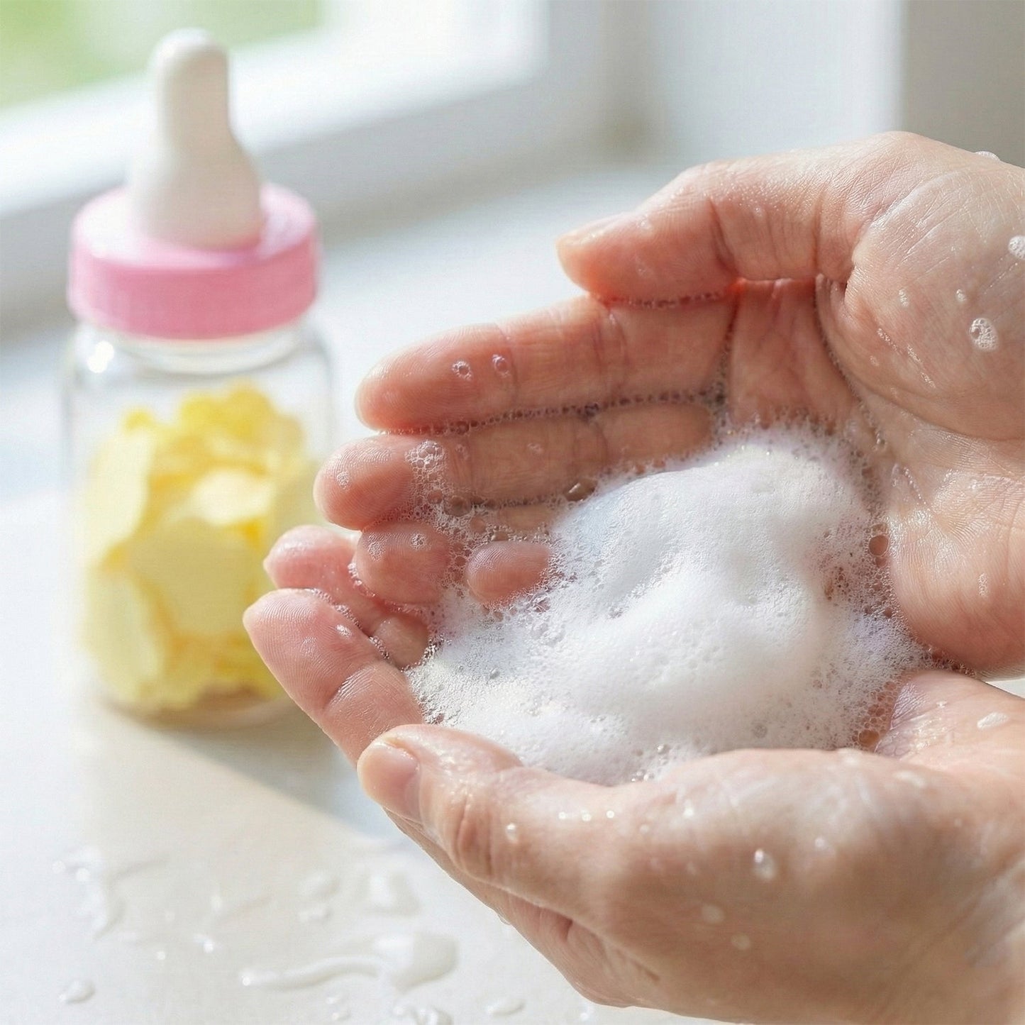 Open baby bottle container revealing neatly stacked soap paper sheets inside