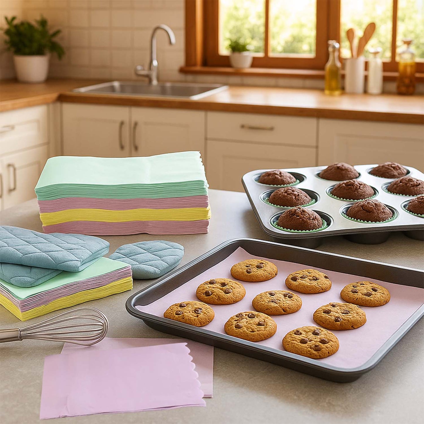 Pre-cut food-grade parchment baking paper sheets in multicolor with scalloped edges.
