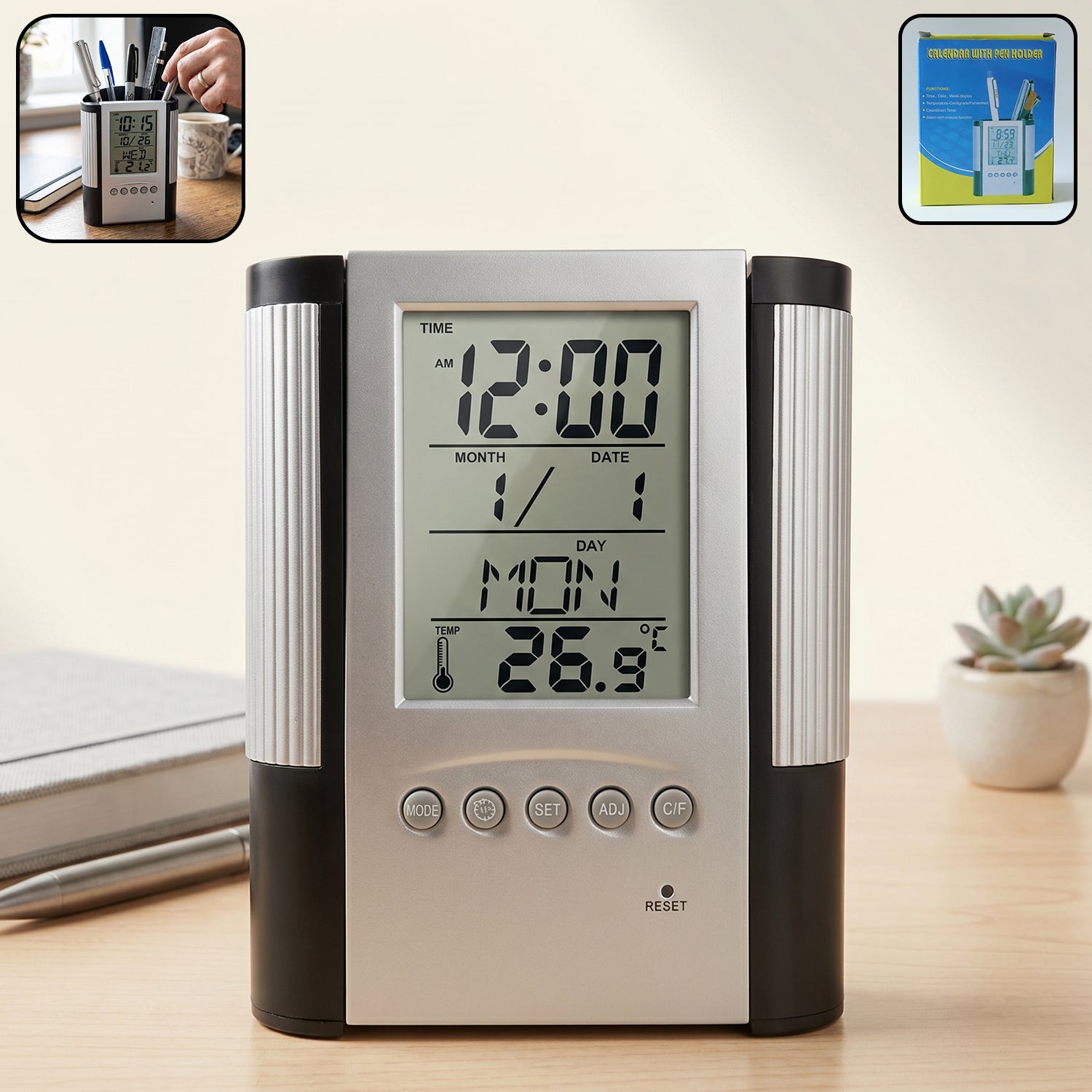 Digital desk clock with pen holder on workspace