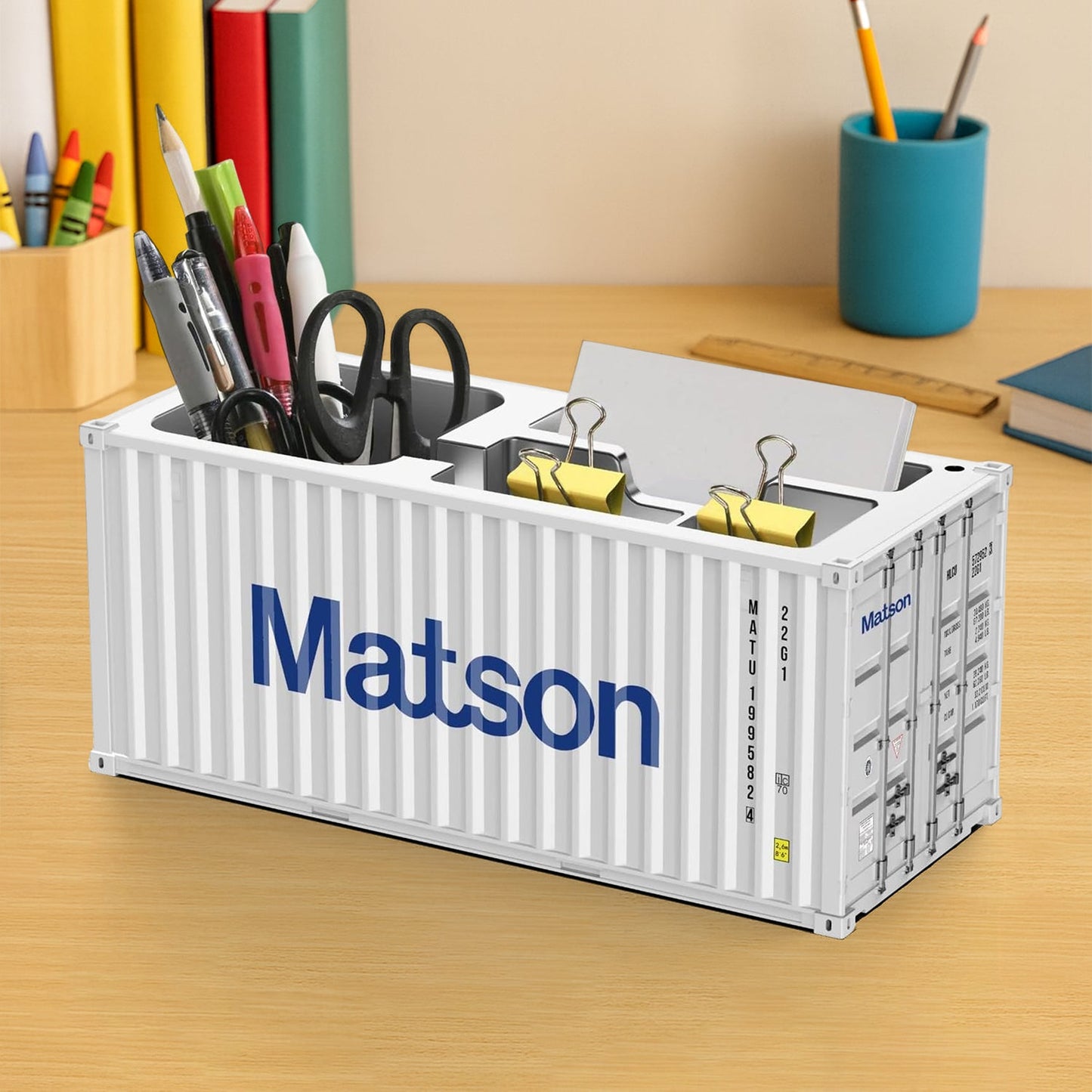 Container-style multi-compartment desk organizer viewed from top