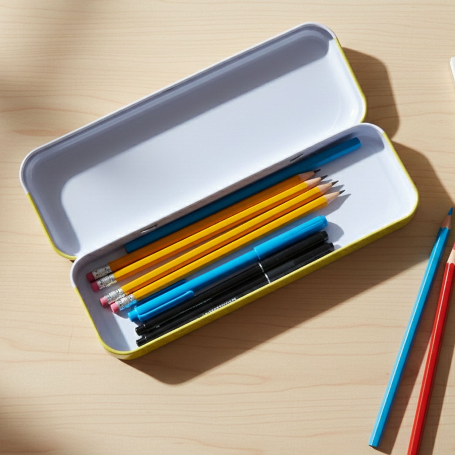 Sturdy metal pencil box for kids featuring colorful cartoon design