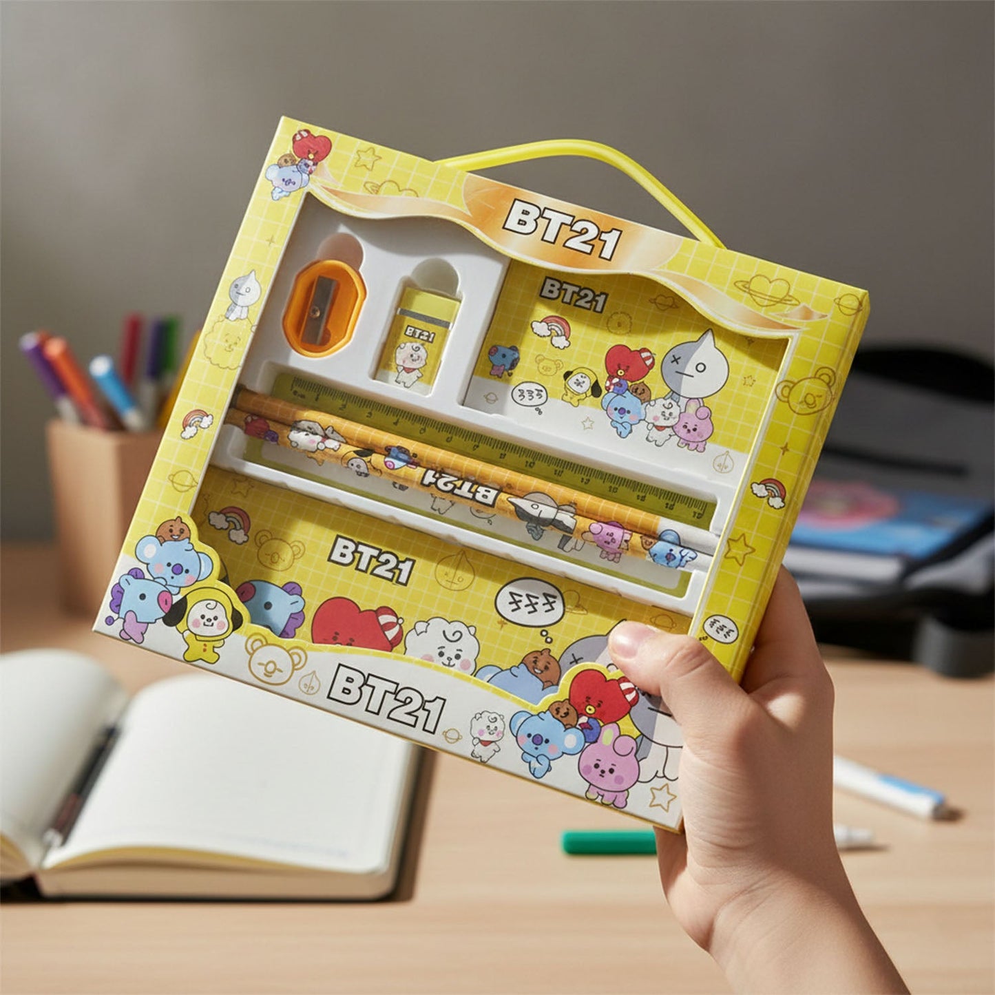 Cartoon printed metal pencil box with ruler, pencils, eraser and sharpener