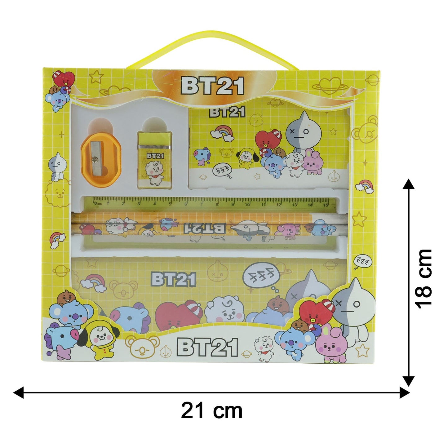 Size illustration of cartoon printed pencil box stationery set for kids