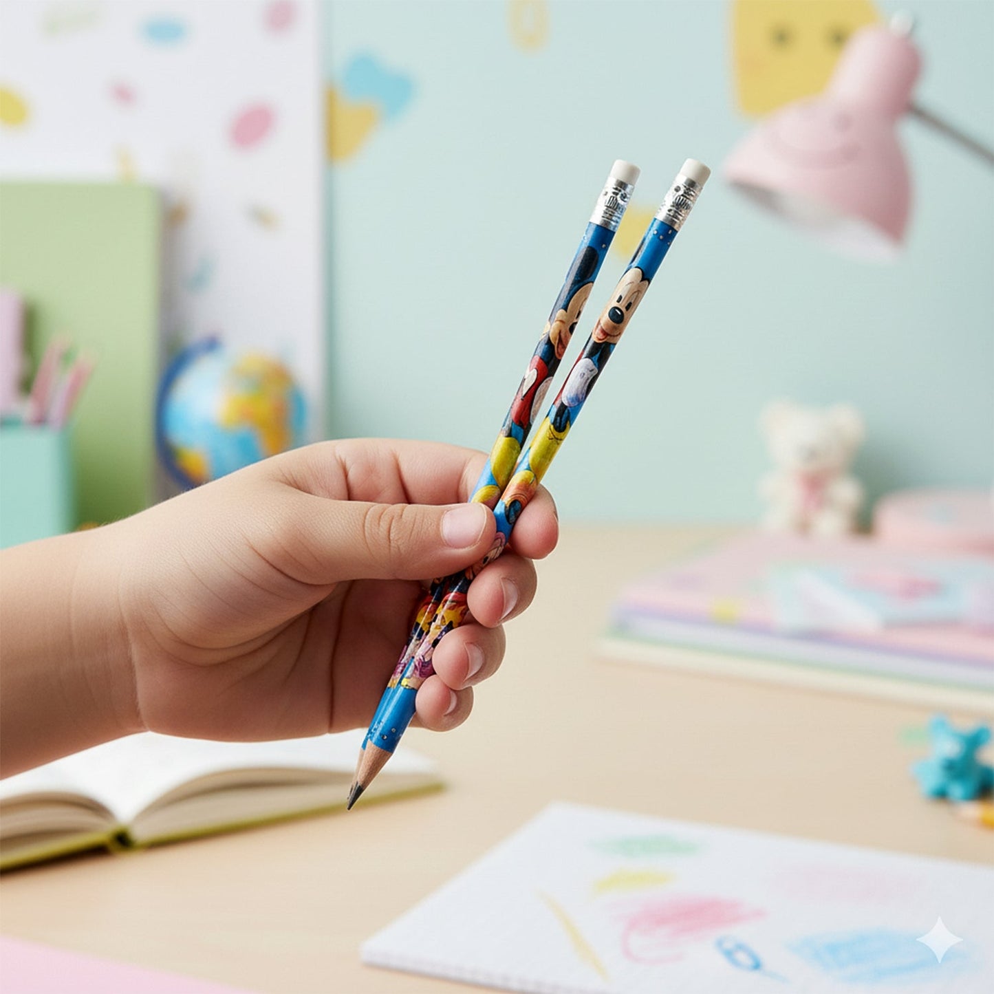 Multiple cartoon-printed graphite pencils arranged neatly showing creative designs