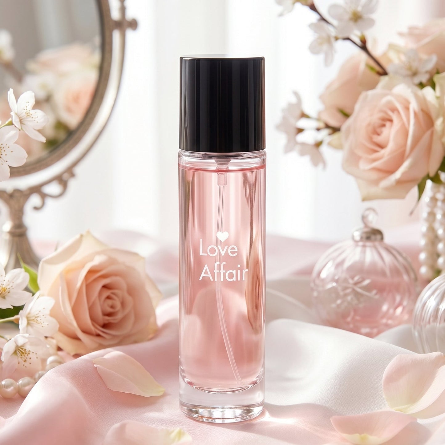 Close-up of Love Affair floral perfume spray for women