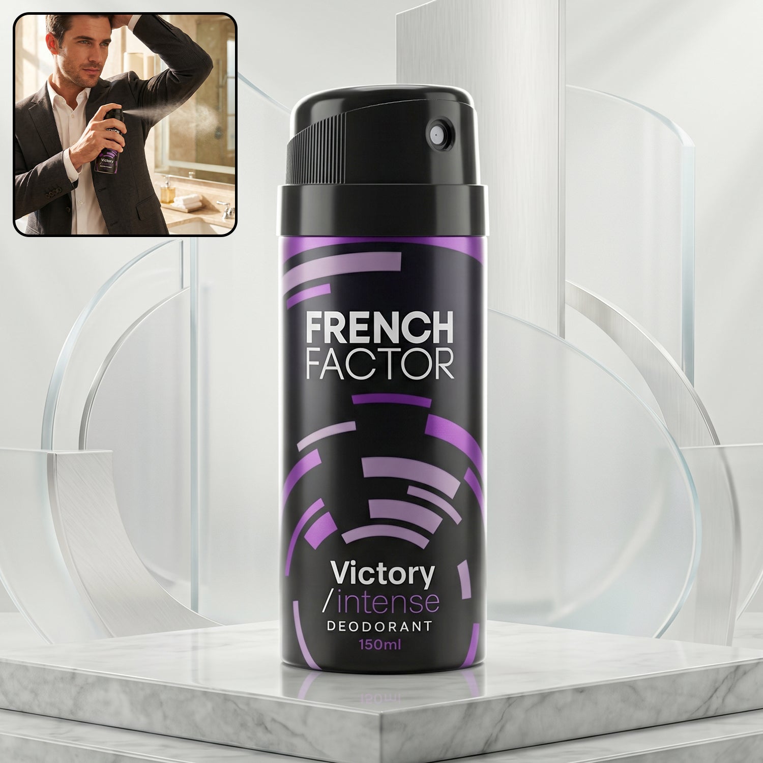 French Factor Victory Deodorant for Men in spray bottle