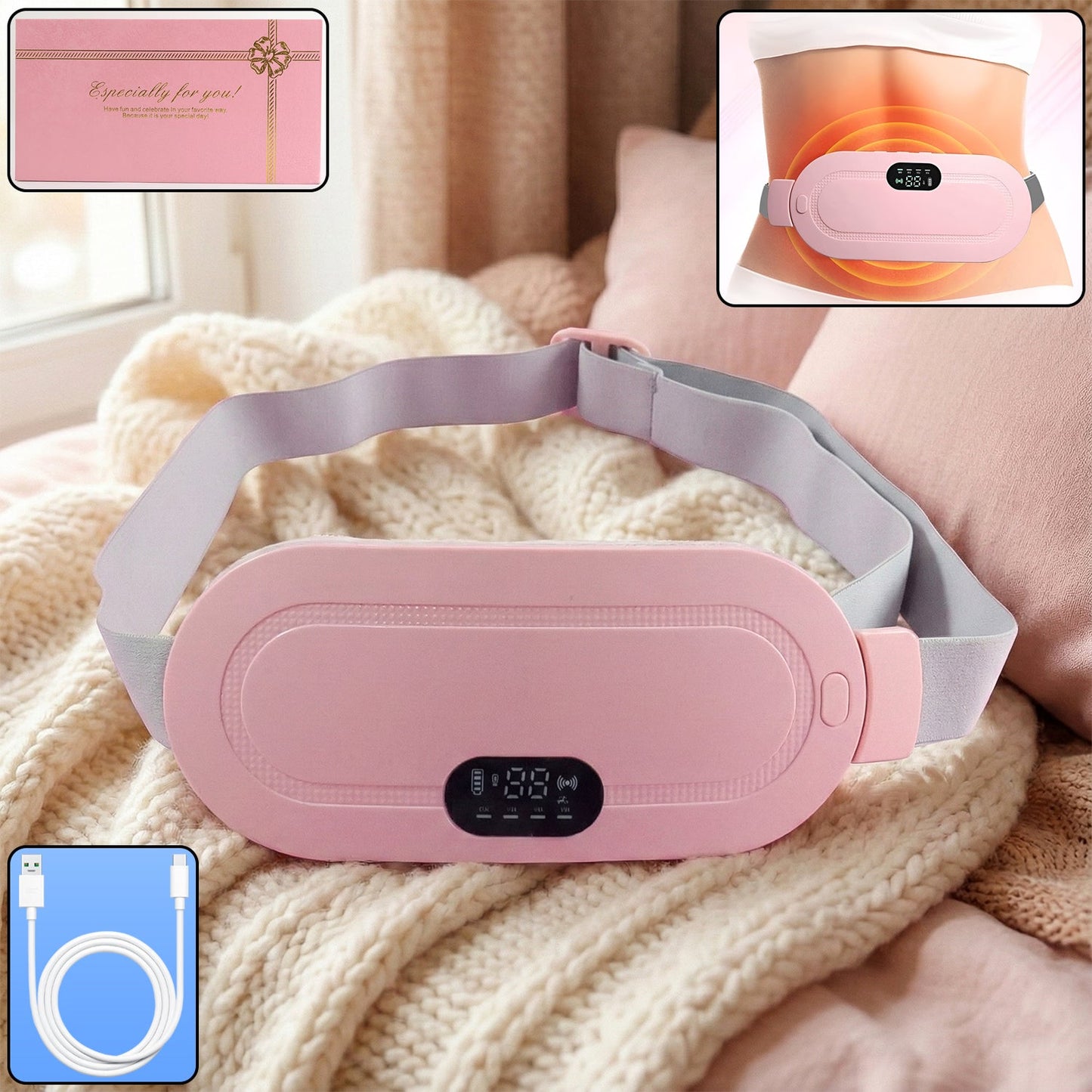 Rechargeable electric heating belt providing waist and abdominal pain relief