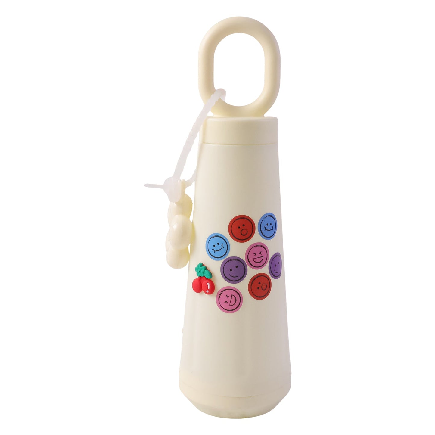 Fun face design on glass water bottle with cherry motif, portable for daily use