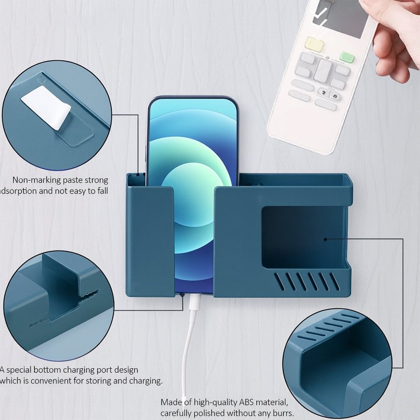 Compact mobile phone and remote control wall storage holder