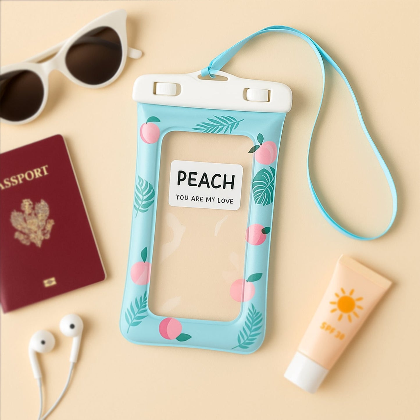 Waterproof mobile pouch with transparent front and adjustable neck strap shown in peach print design