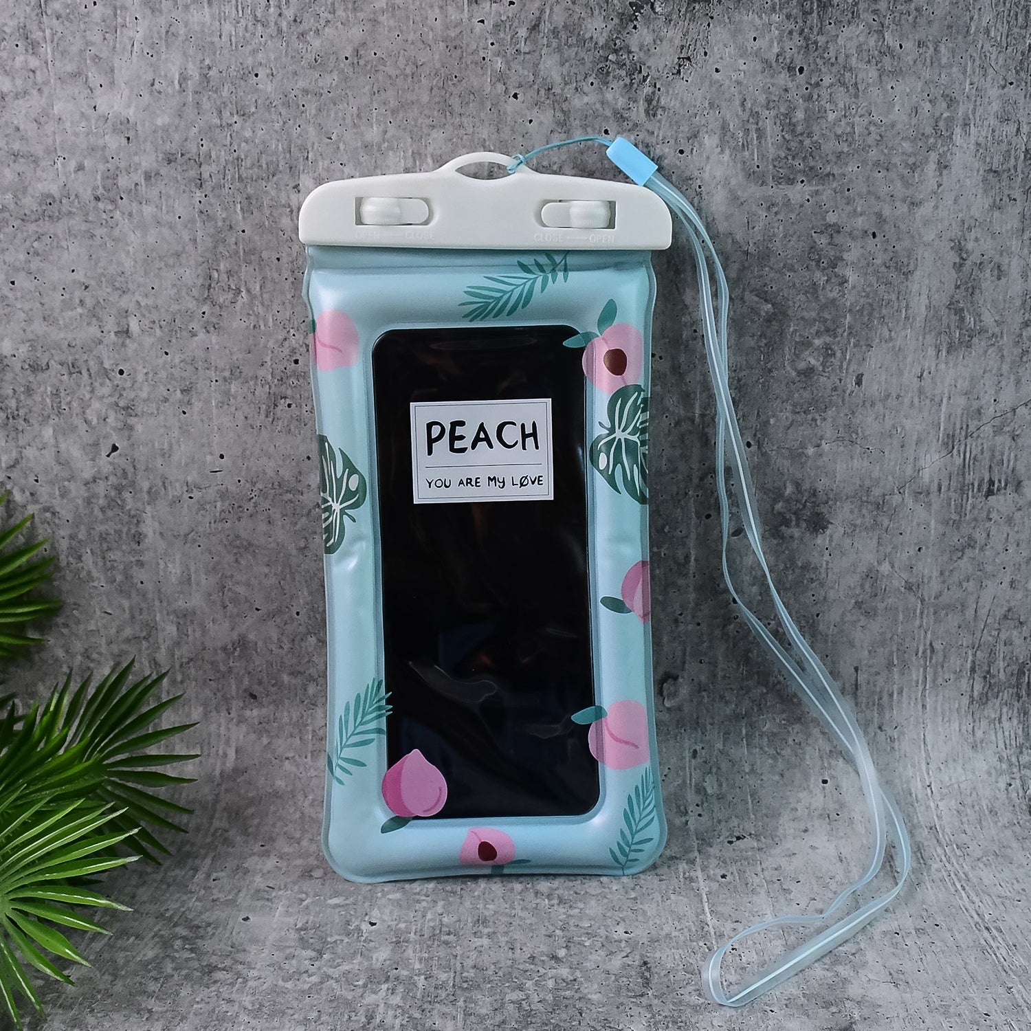 Waterproof transparent mobile pouch front view showcasing peach tropical design