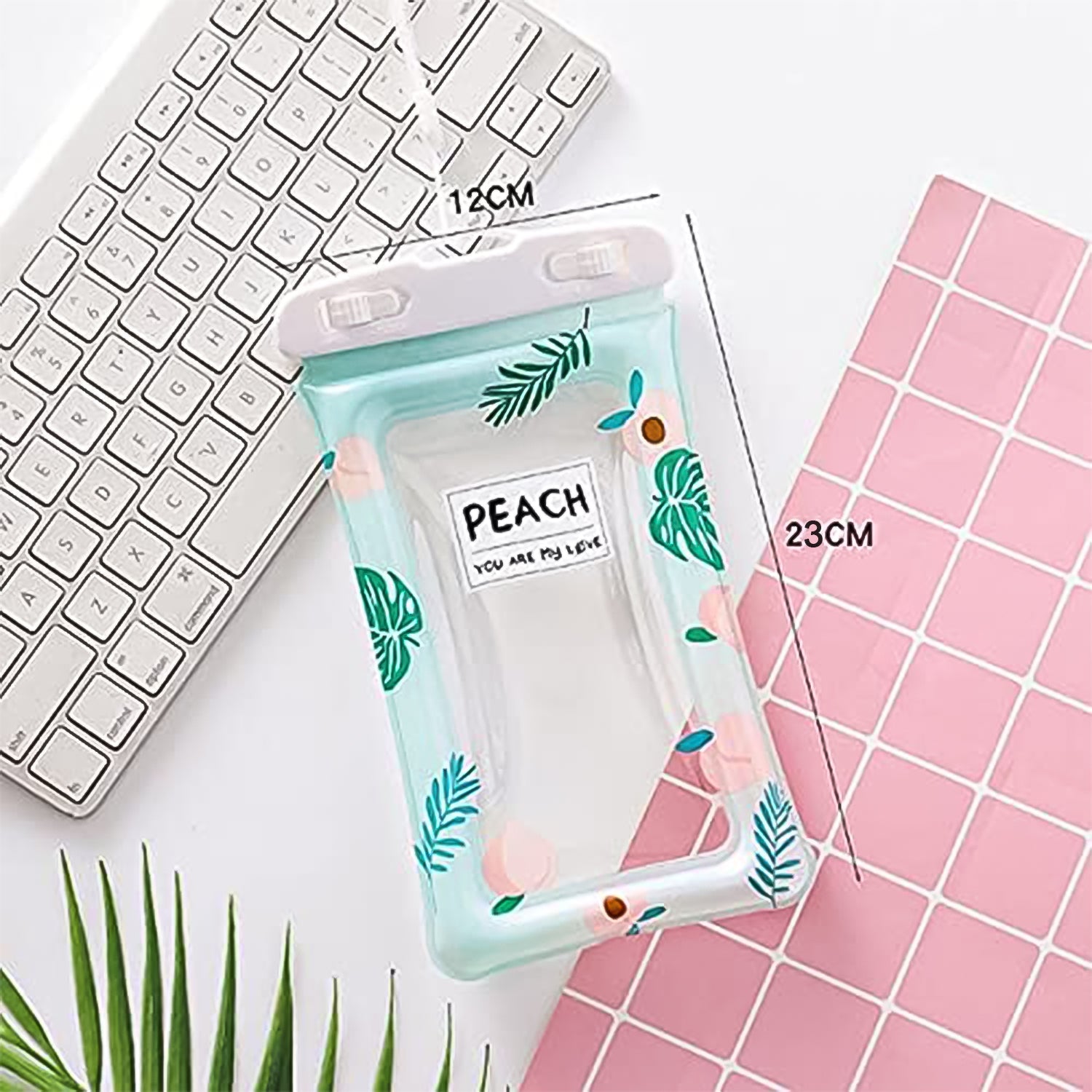 Peach transparent waterproof phone pouch with comfortable neck strap for carrying