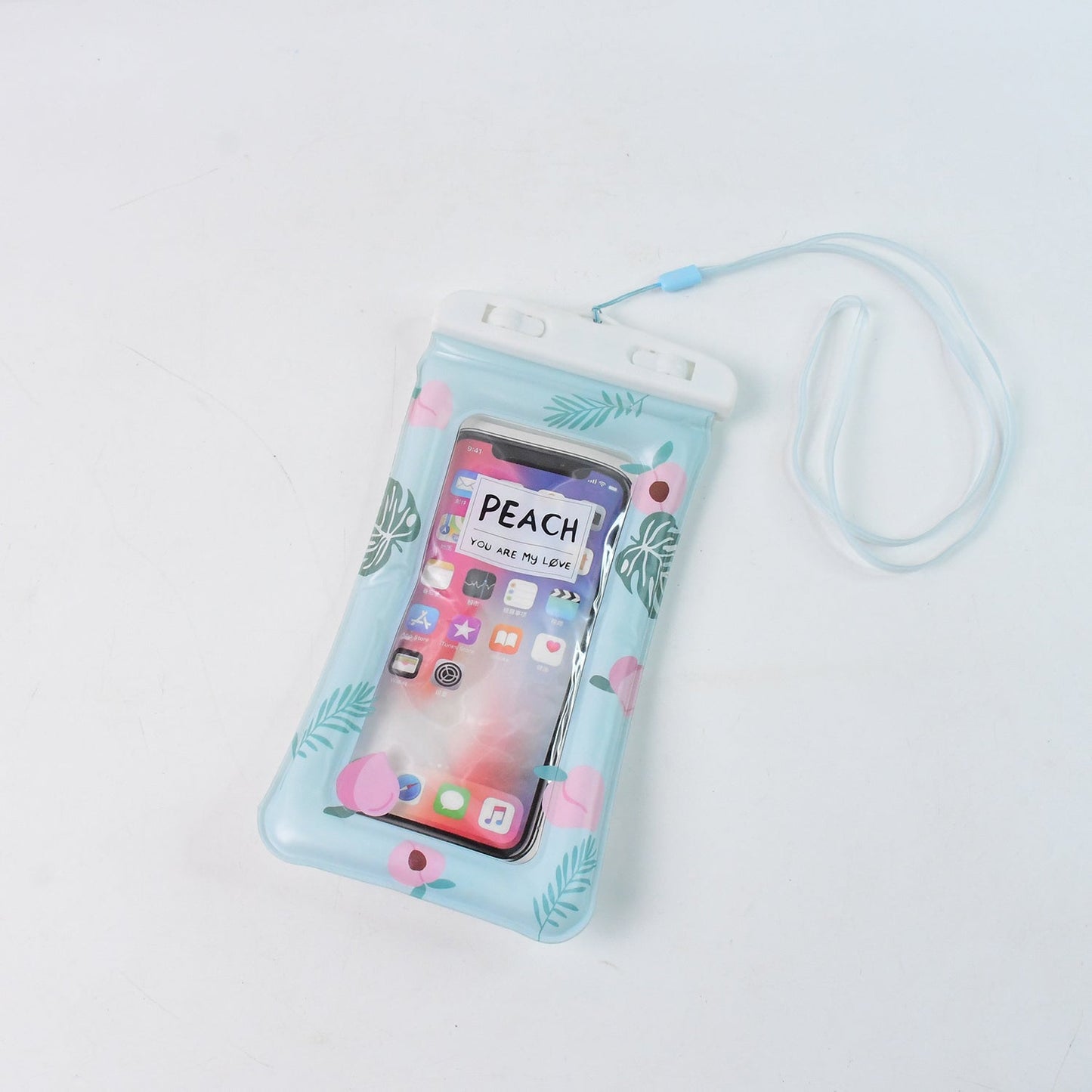Waterproof mobile pouch displayed on a neutral background showing full design