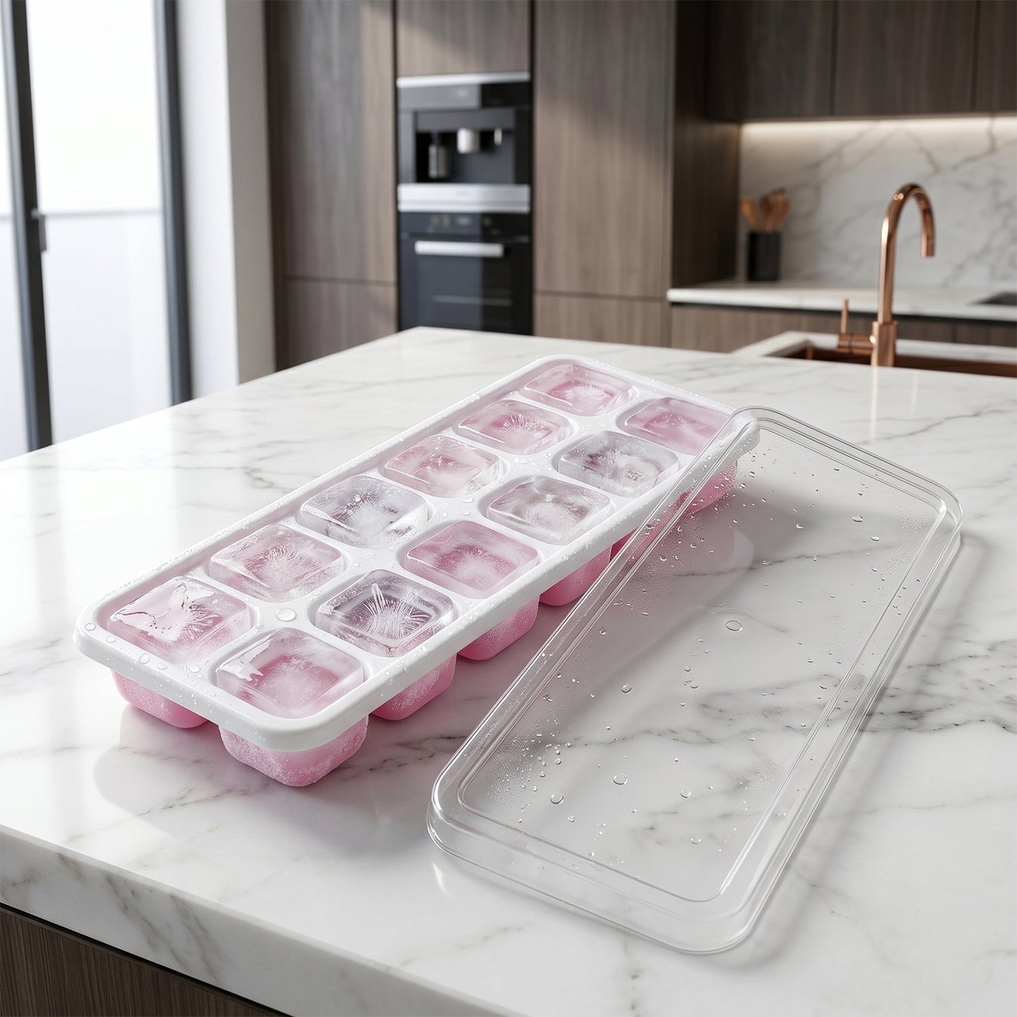 Side view of pink ice cube tray with lid