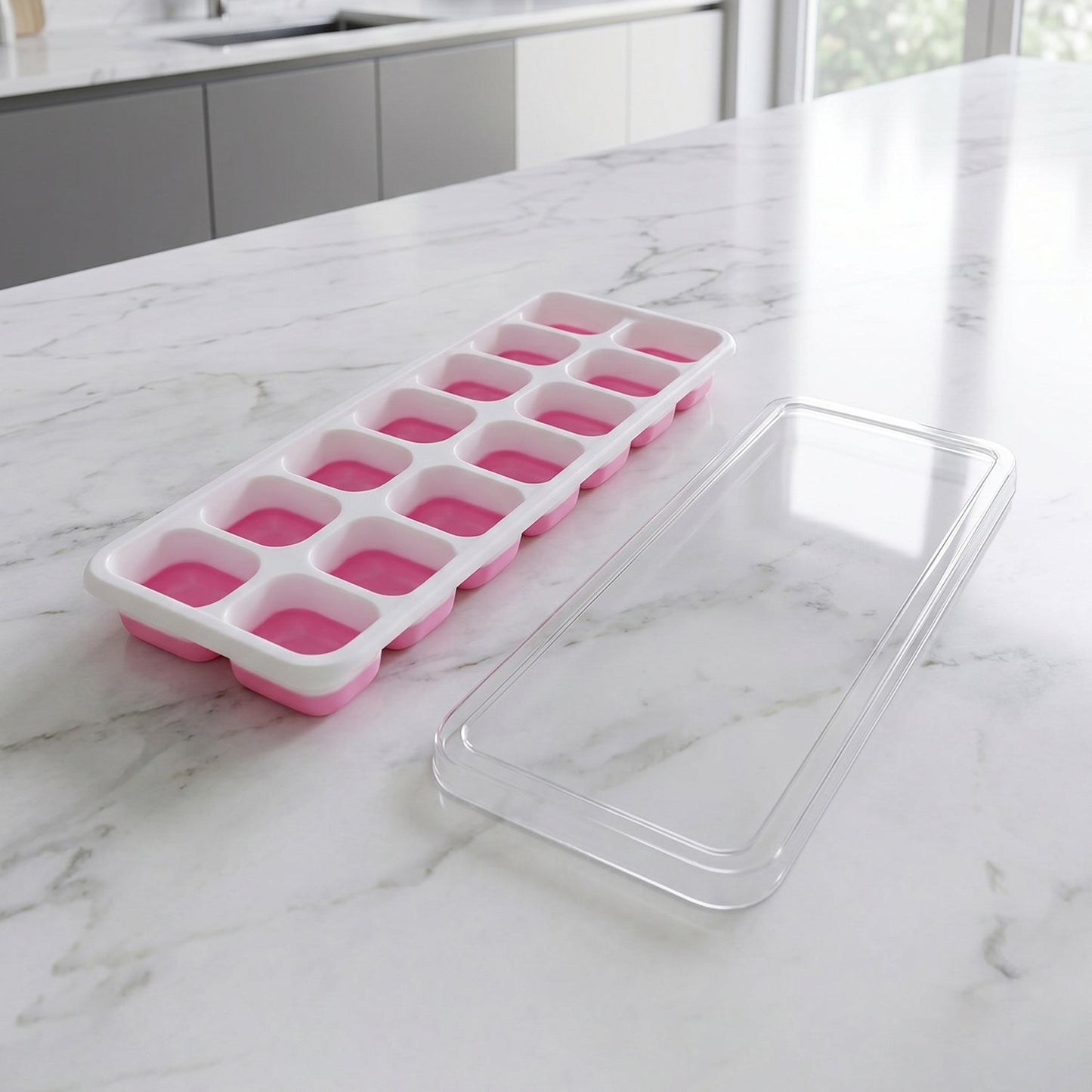 Easy release pink plastic ice cube tray