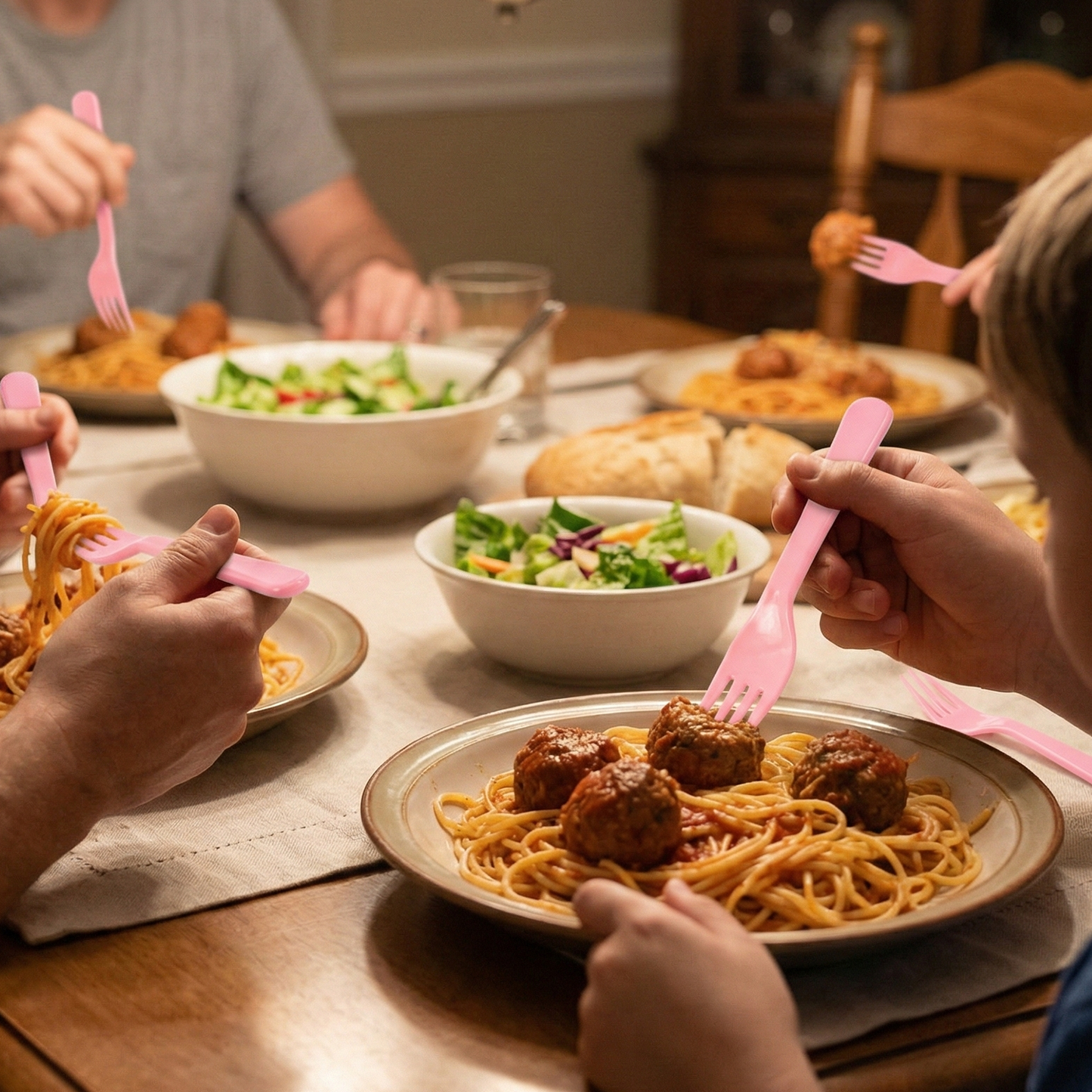 Pink plastic fork spoon in a kitchen setting.