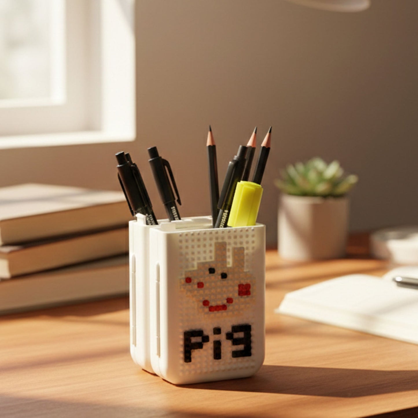 Pixel art desk organizer featuring an open top design for quick access