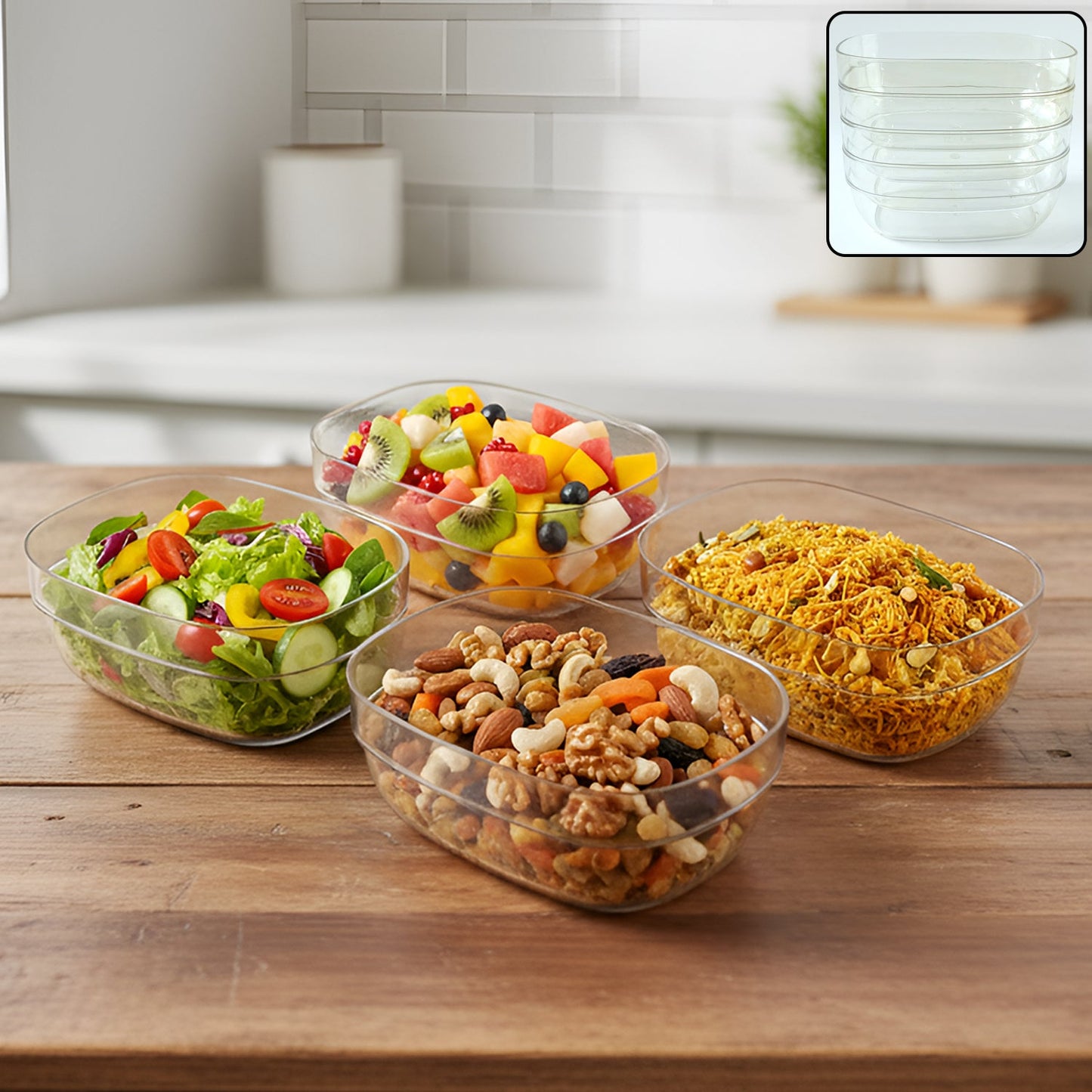 Stacked clear serving bowls in a durable multipurpose bowl set
