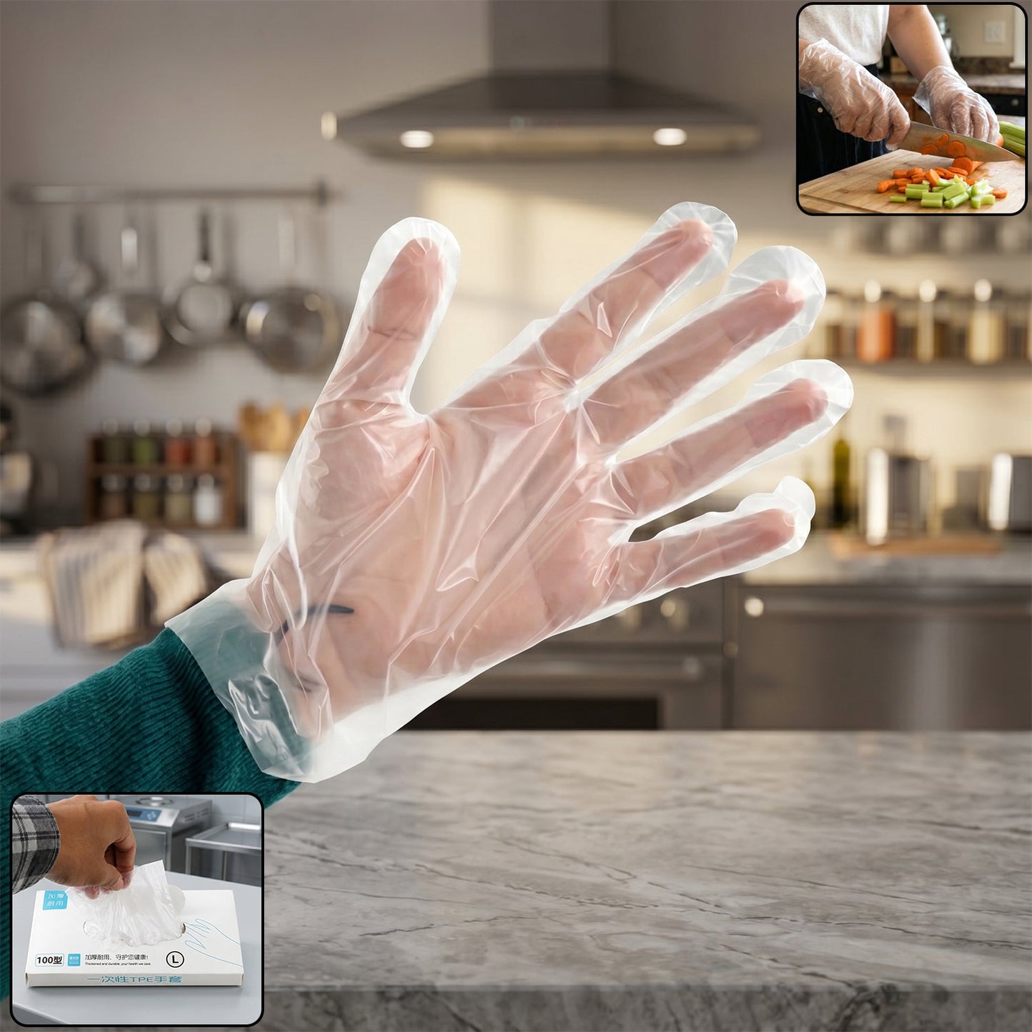 Disposable clear plastic gloves on hand demonstrating hygiene and protection