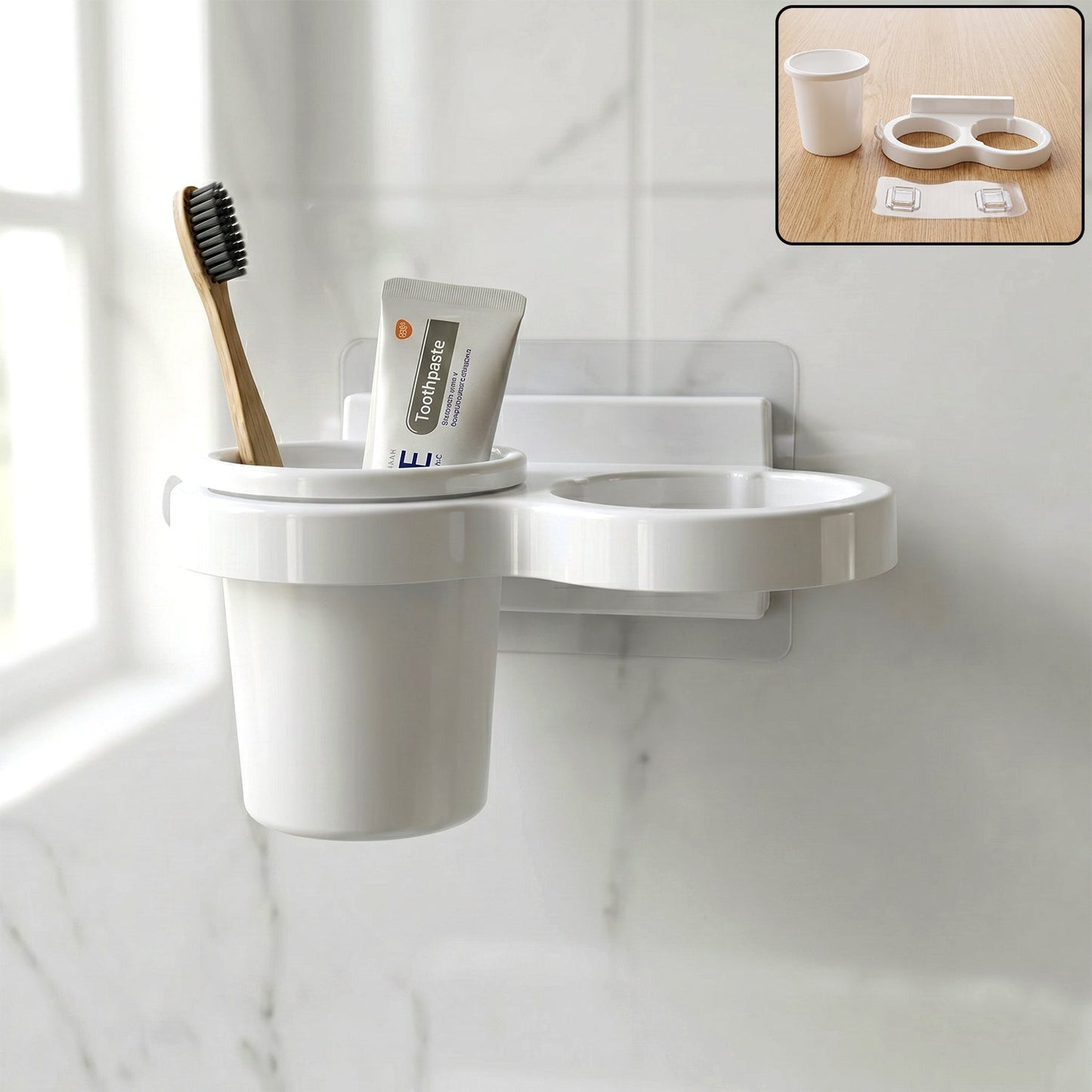Wall mounted toothbrush holder set with multiple compartments for bathroom organization