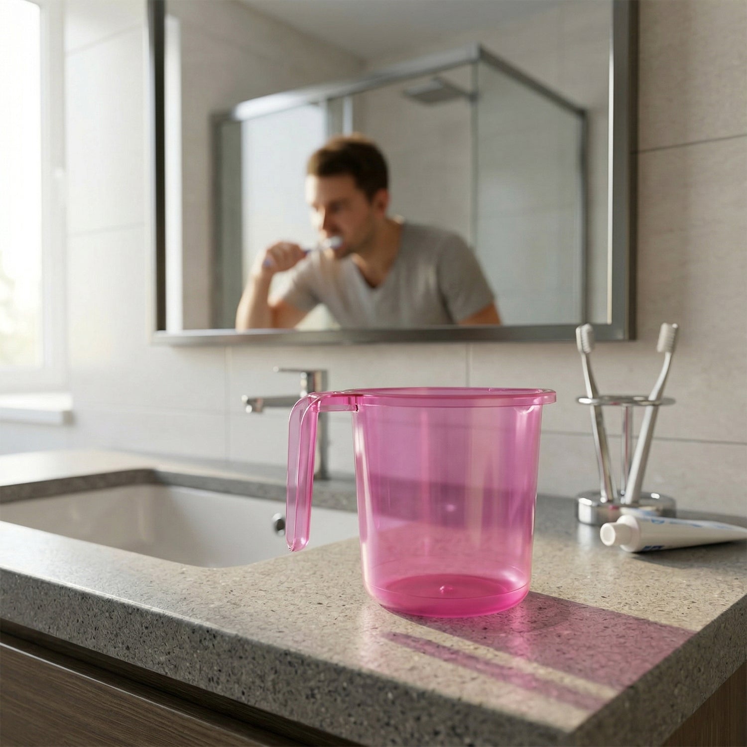 Ergonomic handle design on a sturdy plastic bathroom mug.