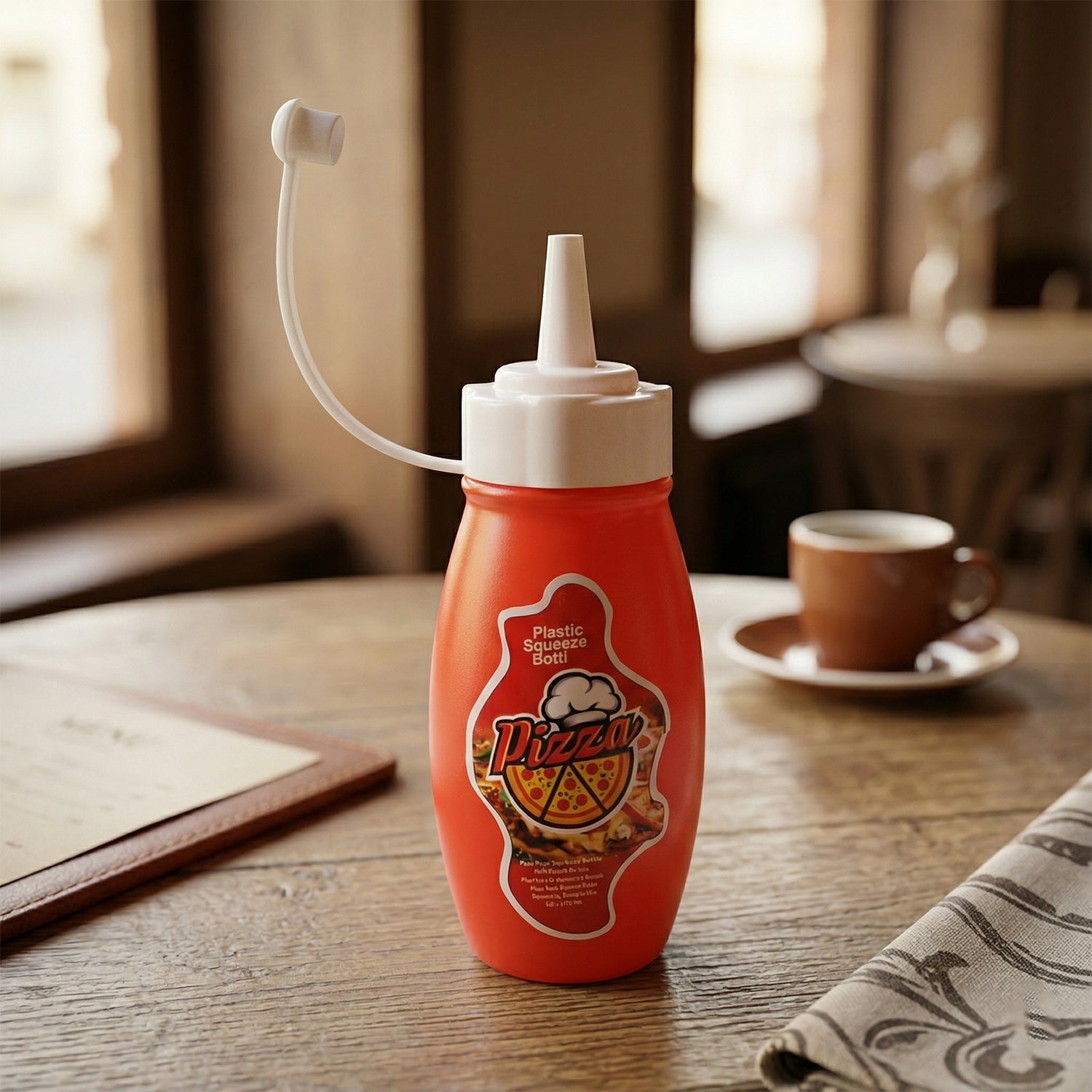 Plastic squeeze bottle filled with ketchup