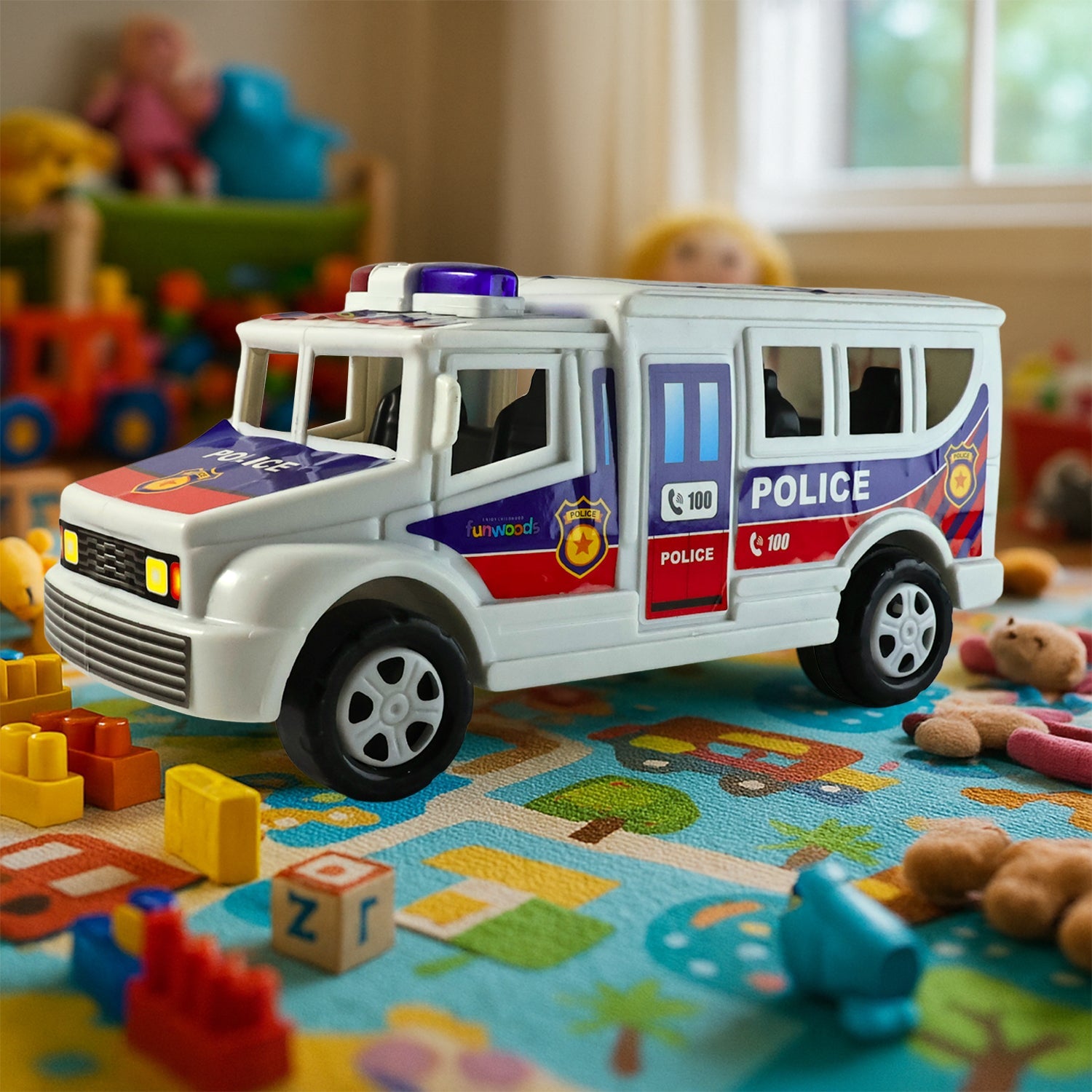 Front view of Police Van Toy revealing realistic police vehicle features