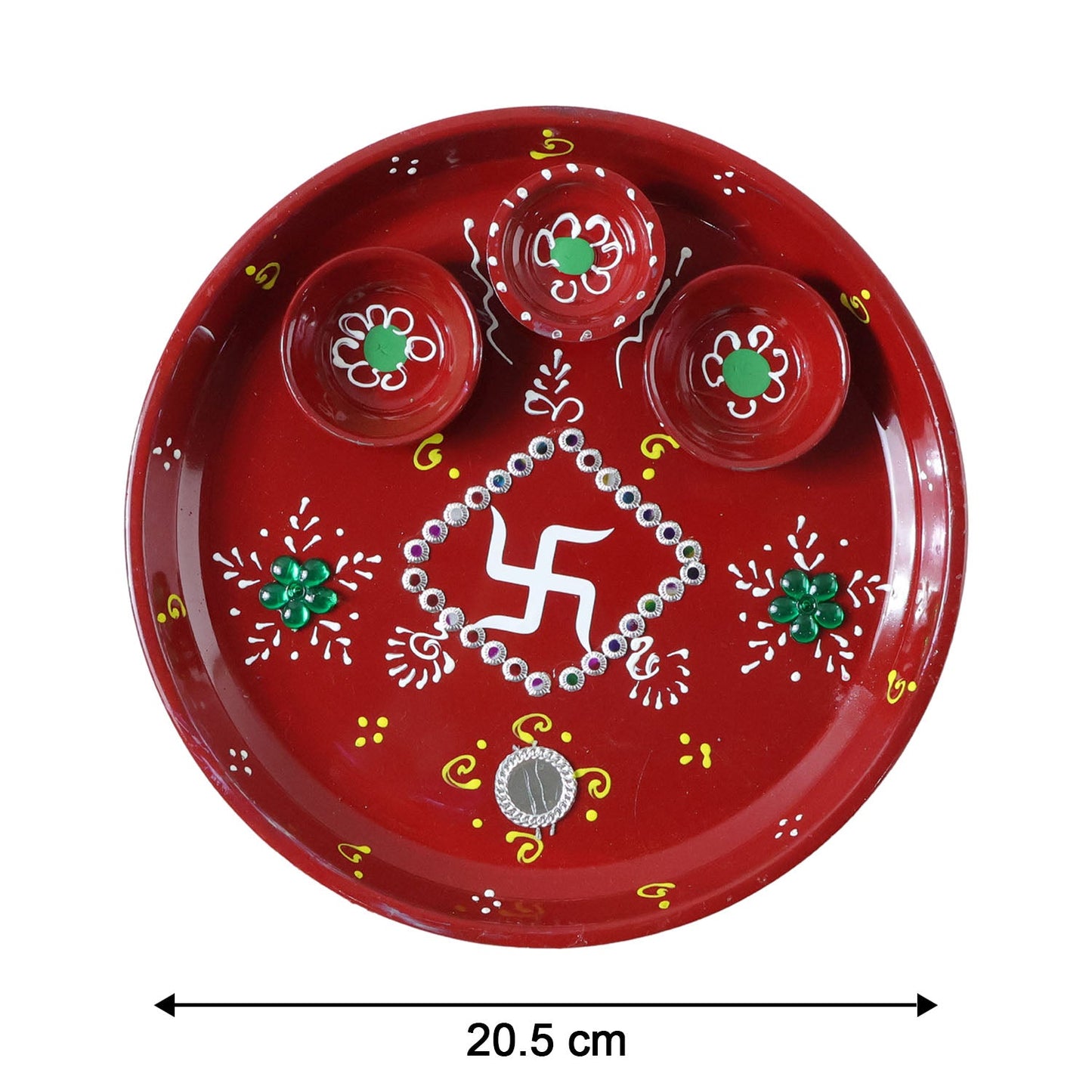 Size dimensions layout showing 21 cm diameter of decorated pooja thali