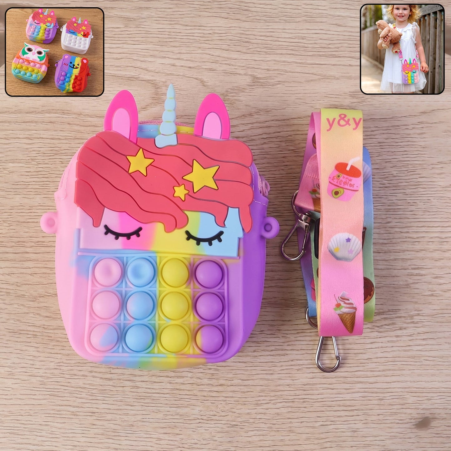 Kids Pop It Shoulder Bag multicolor silicone fidget toy sling for children