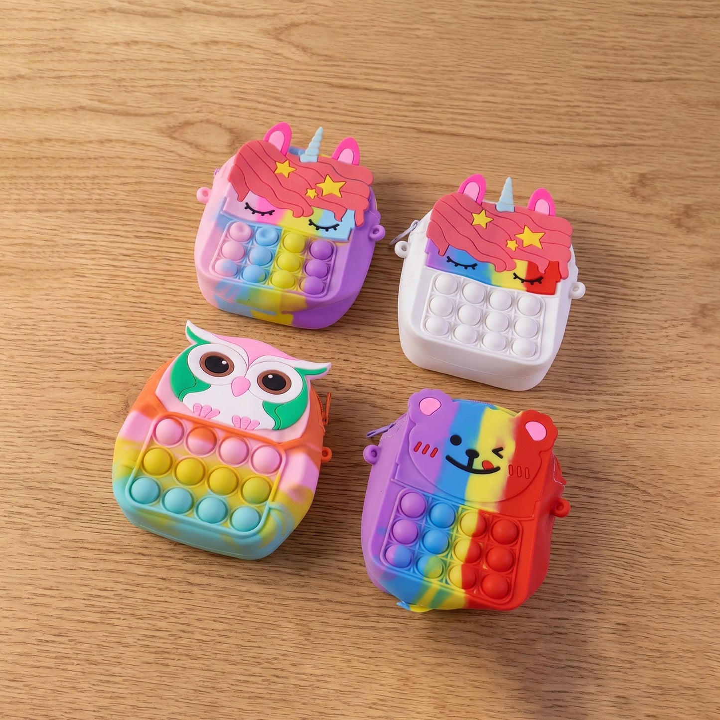 Close up of silicone material and pop it buttons on kids shoulder bag