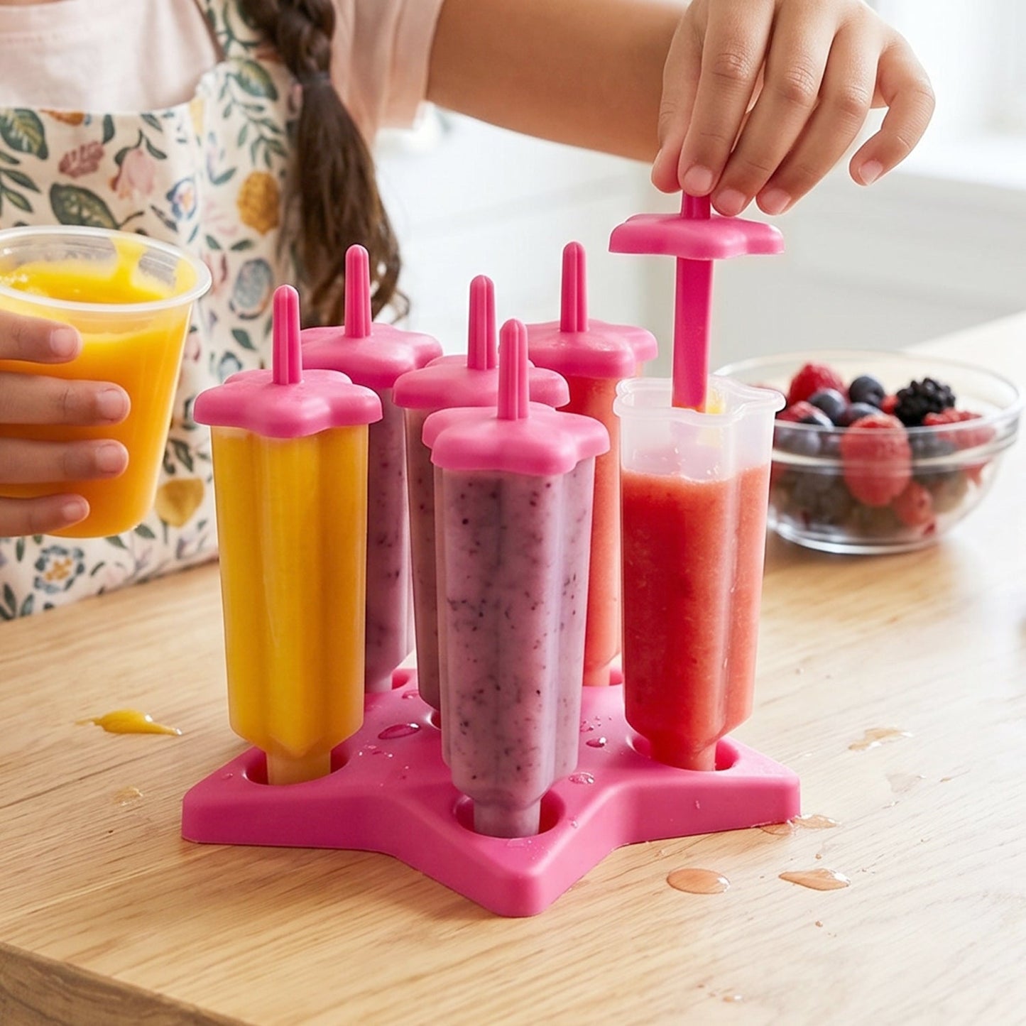 Hand holding frozen popsicle made using BPA-free plastic ice cream mold