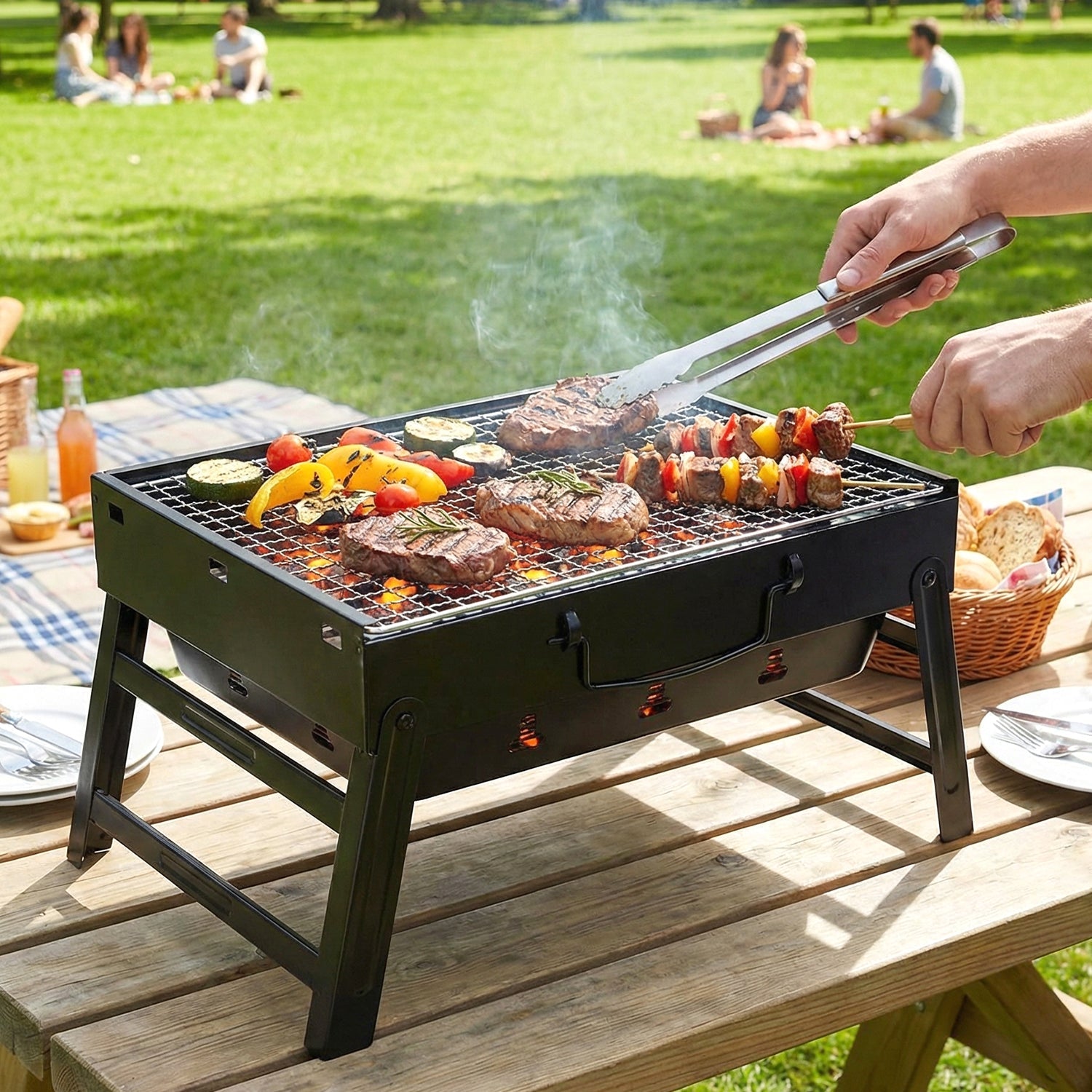 Foldable picnic barbecue grill for outdoor cooking