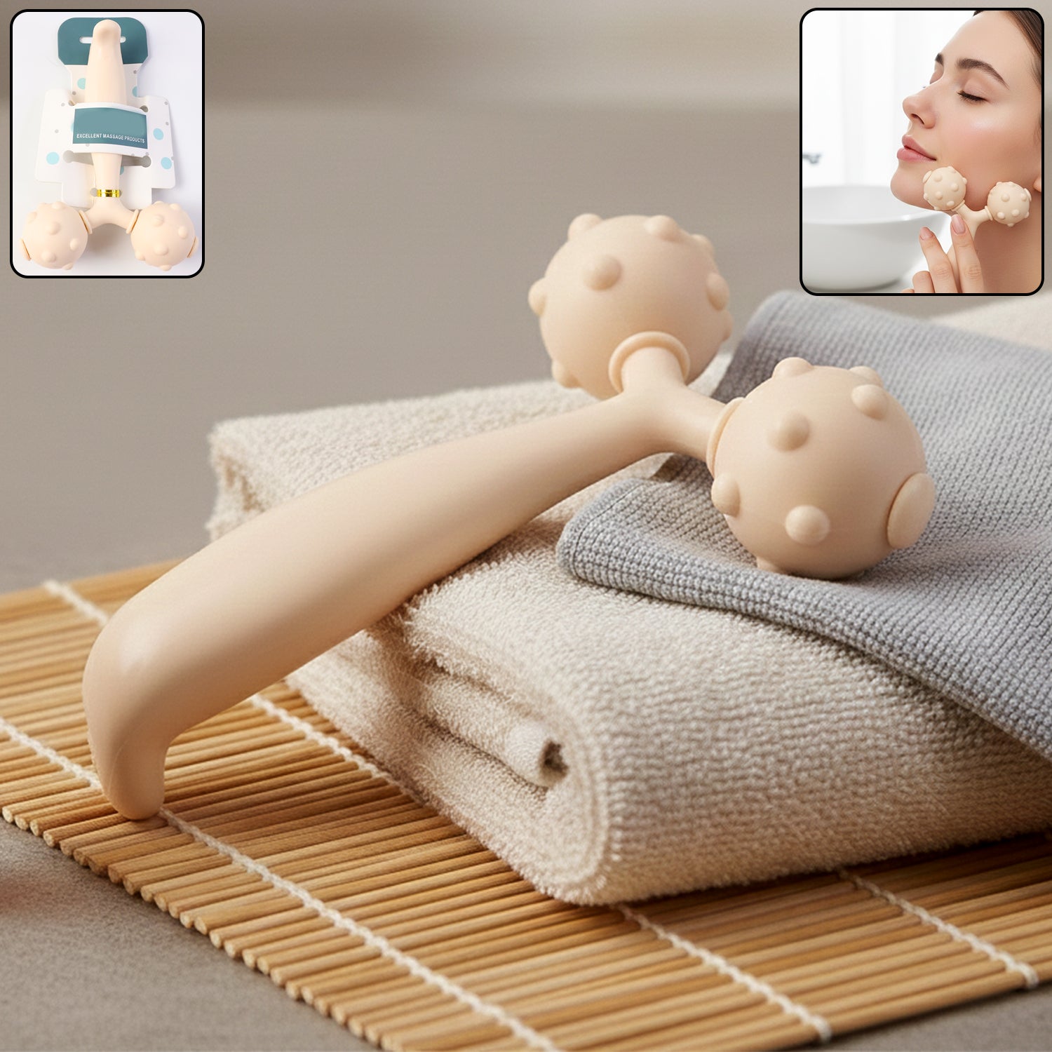 Dual ball facial and body massage roller with ergonomic handle