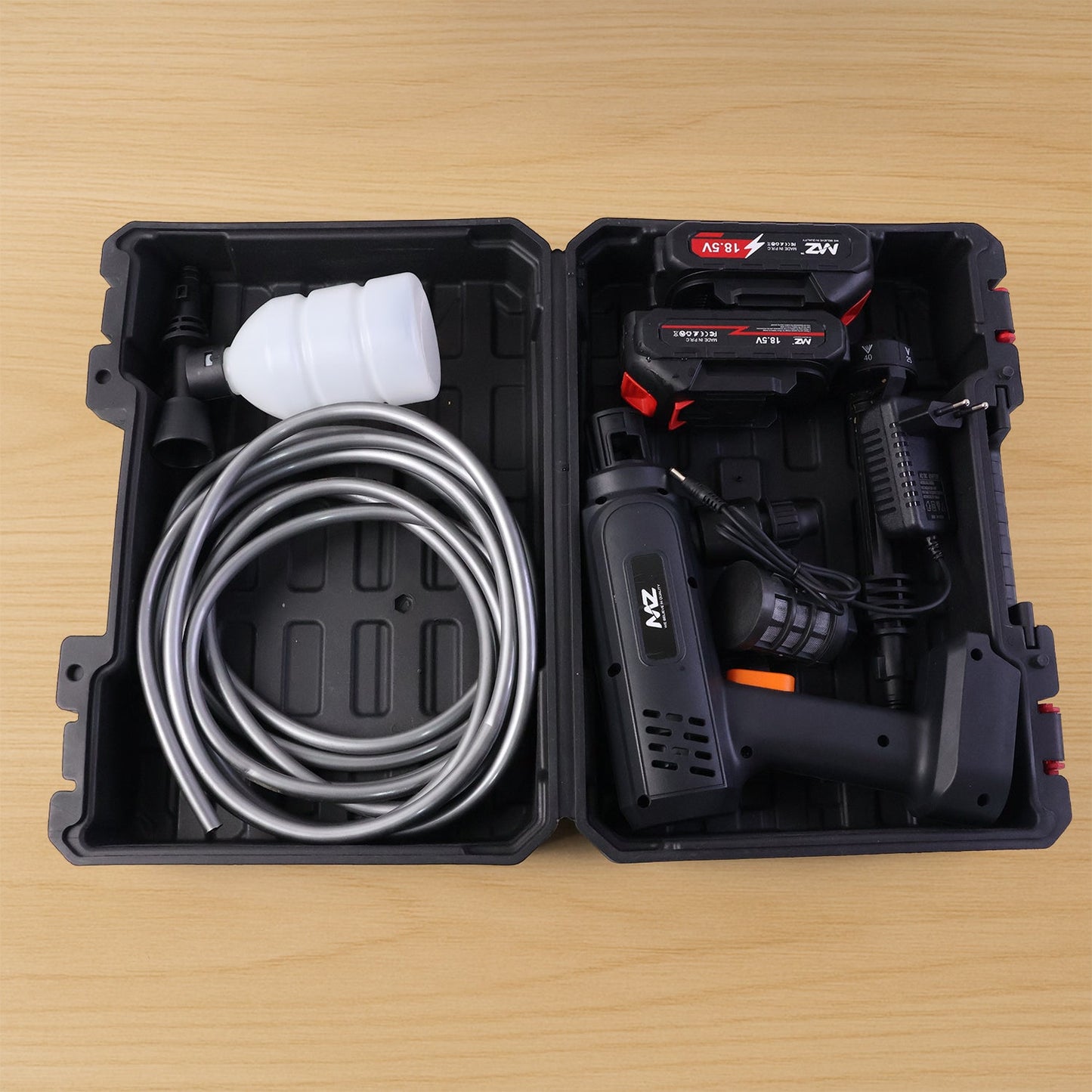 Outdoor cleaning spray gun with long flexible hose and multi-mode nozzle