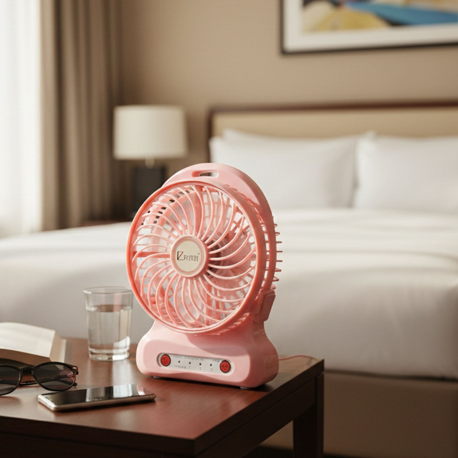 Portable desk fan shown with USB connection cable