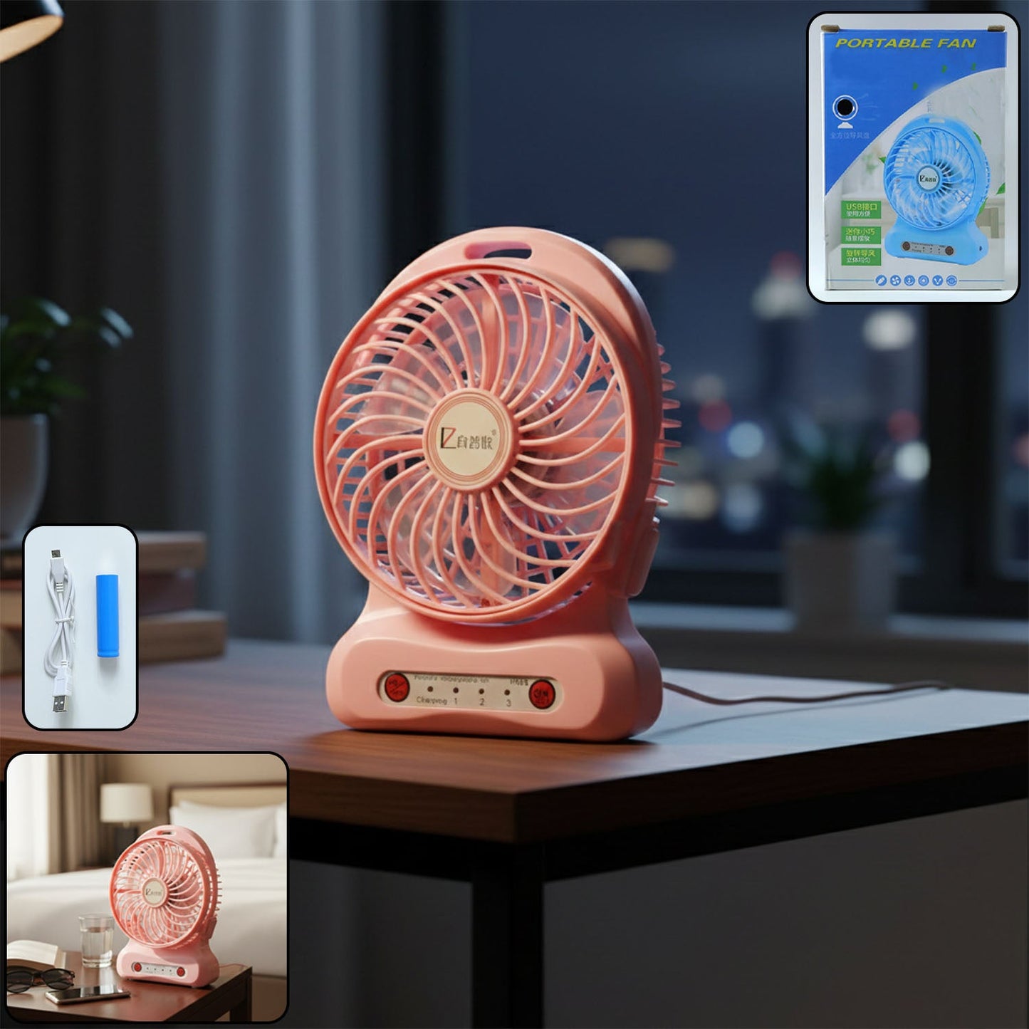 Portable USB rechargeable desk fan on office desk providing personal cooling
