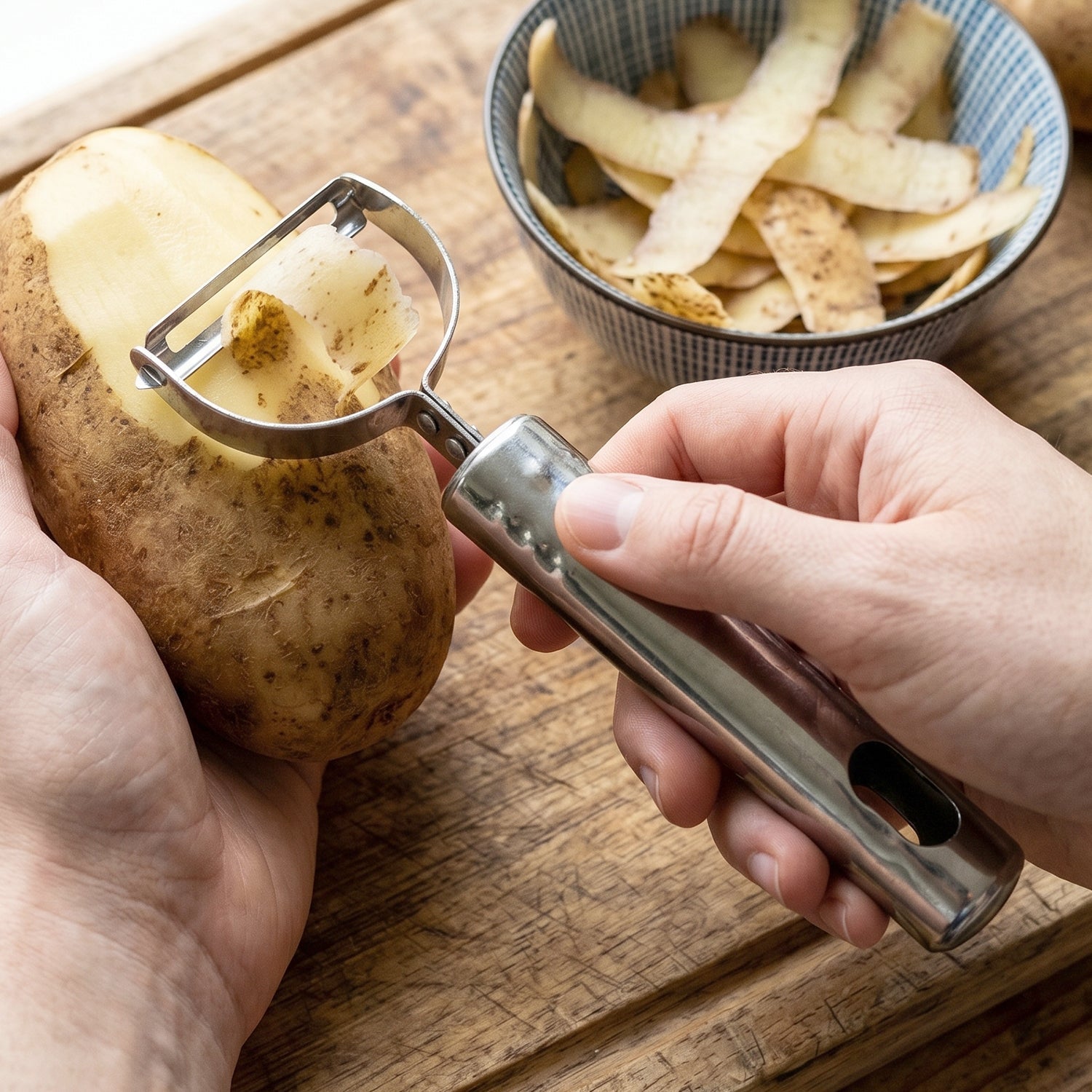 Peeler with sliced potatoes and carrots on kitchen counter