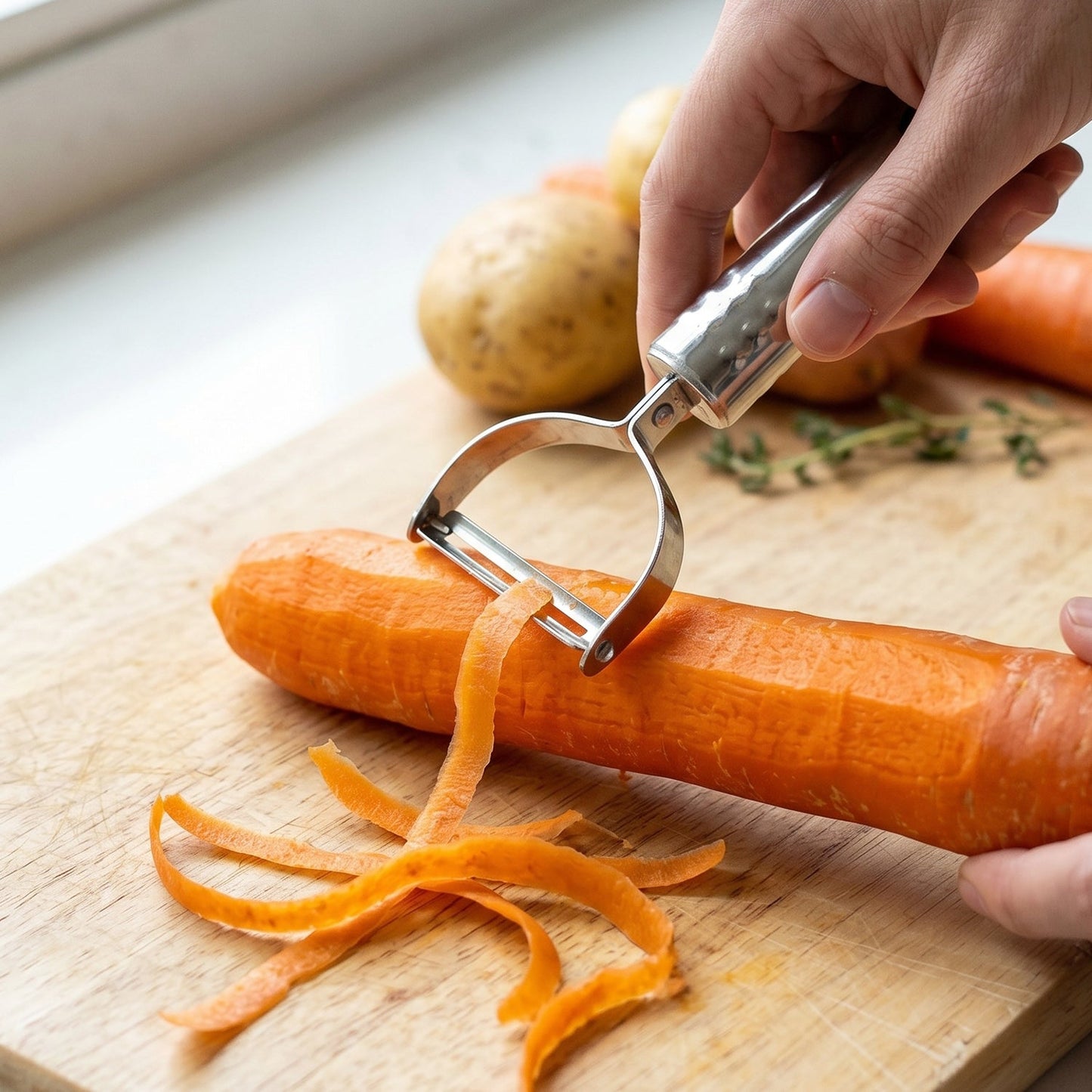 Hand holding a vegetable peeler demonstrating comfortable grip