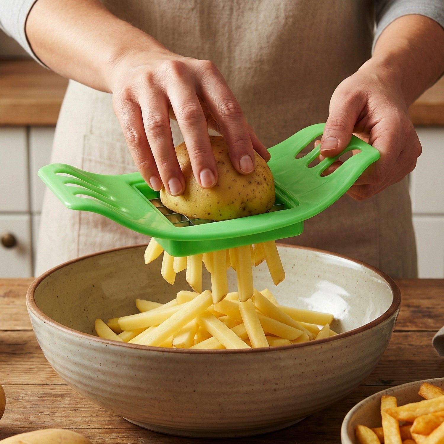 Indo Glow potato cutter with a large potato, poised to create perfectly uniform fries.