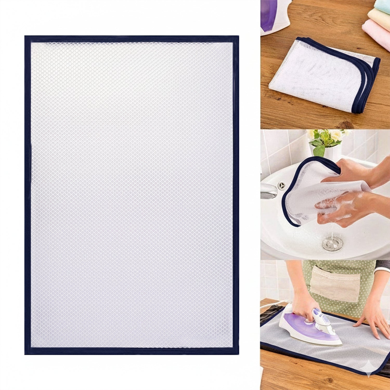 Person using heat-resistant ironing mesh cloth while ironing a garment