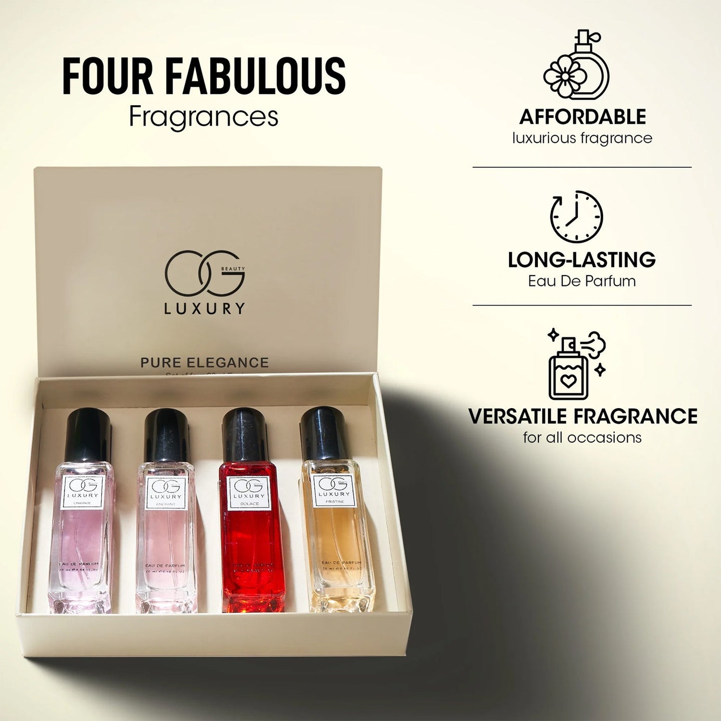Arrangement of all four Pure Elegance 20ml fragrances in the Eau De Parfum Gift Set